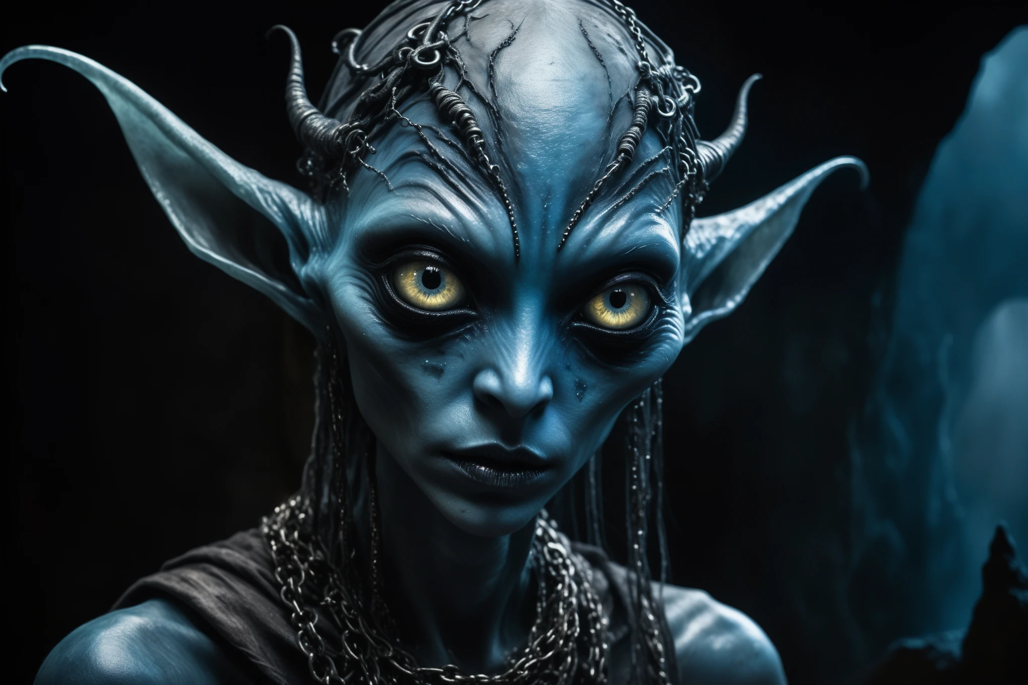 full-body-shot,beggar deep niobium Manganite The Alien Entity,native italian babychild, wants eat,survival in criminal city of future, Technicolor,natural skin textures, hyper realism, hyper detailed,Extremely detailed,High contrast,Masterpiece,Realistic,Ultra Detailed, intricate details,realistic humid leather,extremly intricate,Epic Realistic, cinematic style,irina yermolova,high contrast,hdr,extremely detailed, deep night landscape,masterpiece,intricate details,faded,eyes extremely detailed, high detailed eyes,8k resolution,RAW,retina, Nikon Z9,China,orc,Li River in Guangxi Zhuang of China,tkt style, pointed ears,perfect, Elf,transition between two art styles, Ink painting to photorealism, Double contact, X-ray, Creative, vivid light, masterpiece, fantasy, Abstract, Surrealism, super detailed, high resolution, stop:35;(((creature with a spectral and ghostly appearance)). Her skin is pale, almost translucent. His eyes shine with a bluish glow, he wears dark, torn clothes that float around him, as if permeated by an aura of mourning. Its appearance is complemented by details such as chains, symbols of mourning and gothic elements, further emphasizing its dark air. is portrayed as a haunted and tormented entity,{creature}