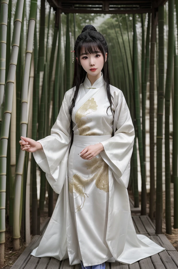 best quality, 8k, highly detailed face and skin texture, high resolution, asian girl in white chinese clothing at bamboo forest, full body, sharp focus