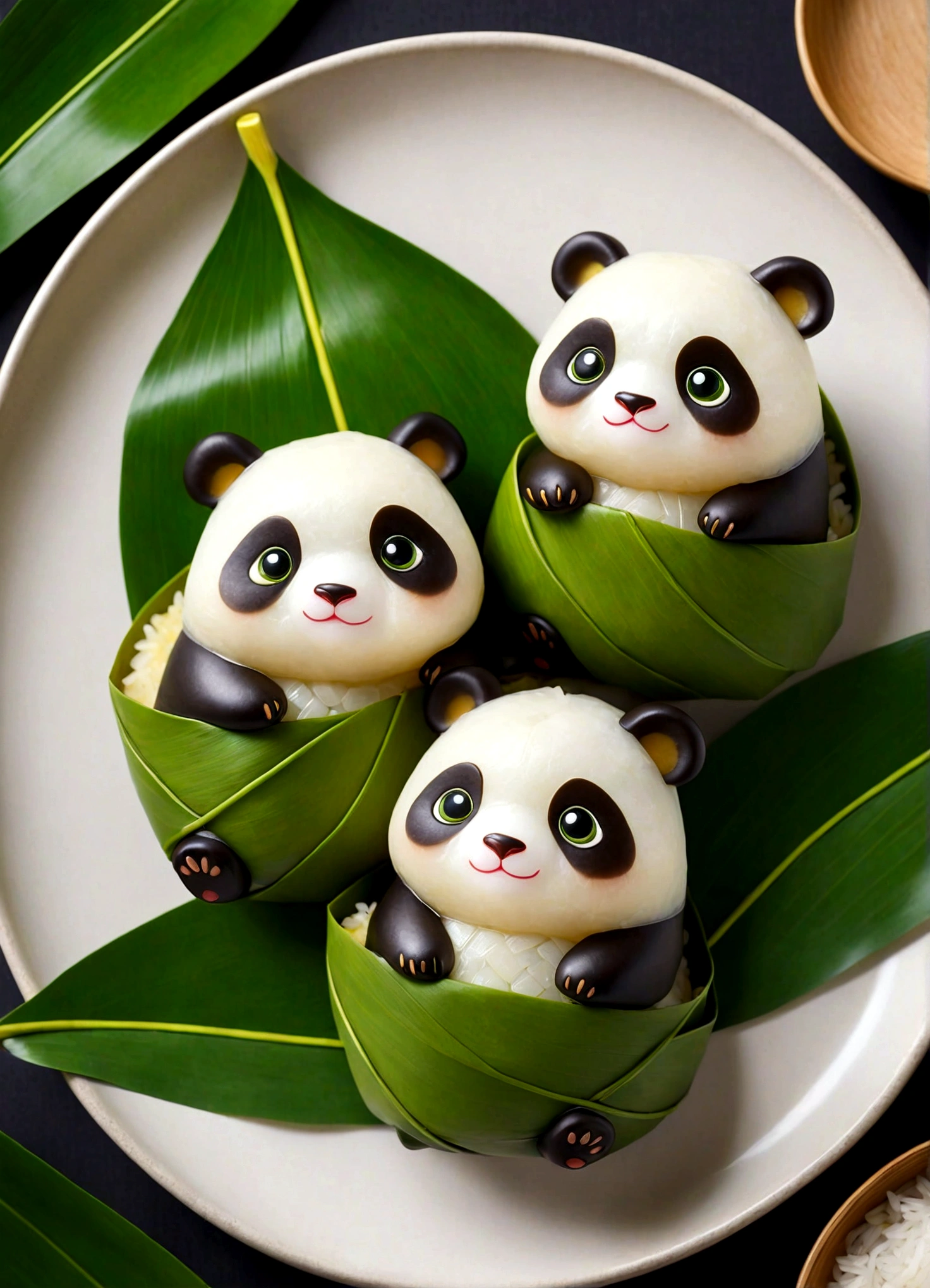 Panda-shaped Zongzi, rice dumpling, cute expression, playful charm, traditional glutinous rice leaves, big round eyes, golden hue, green rice leaves, cartoonish design, exaggerated features, traditional craftsmanship, playful design, pandas, Chinese culture, adorable, charming, vibrant, delightful