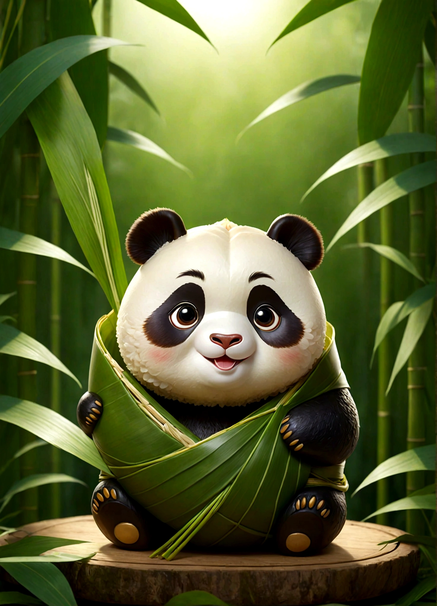 Panda-shaped Zongzi, rice dumpling, cute expression, playful charm, traditional glutinous rice leaves, big round eyes, golden hue, green rice leaves, cartoonish design, exaggerated features, traditional craftsmanship, playful design, pandas, Chinese culture, adorable, charming, vibrant, delightful