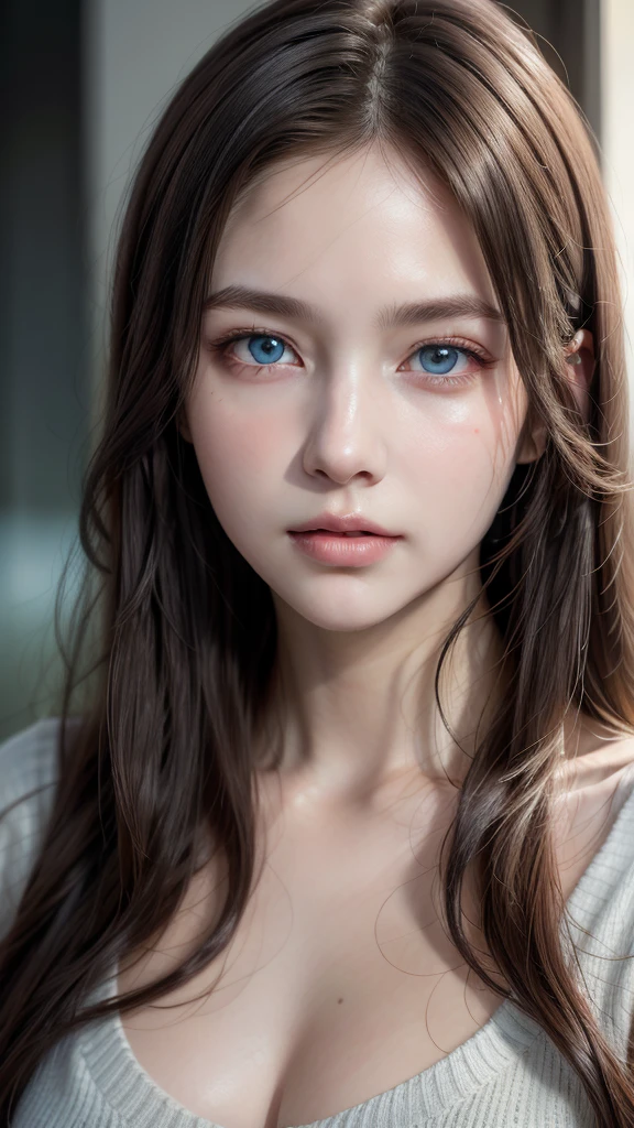 High Quality, Best Quality, Photorealistic, Raw Photo, Realistic, Ultra Real 8K CG, Ultra Detail, High Definition, Masterpiece, 1 Girl, 18 yrs ols, Female Beautiful Face, Soft Face, Elegant, Long Hair, Blue Eyes, Light Blue Eyes, Close Up, Intricate Details, Detailed Textures, Fine Details, Front Face , female natural body, sexy, very beautiful young female face,