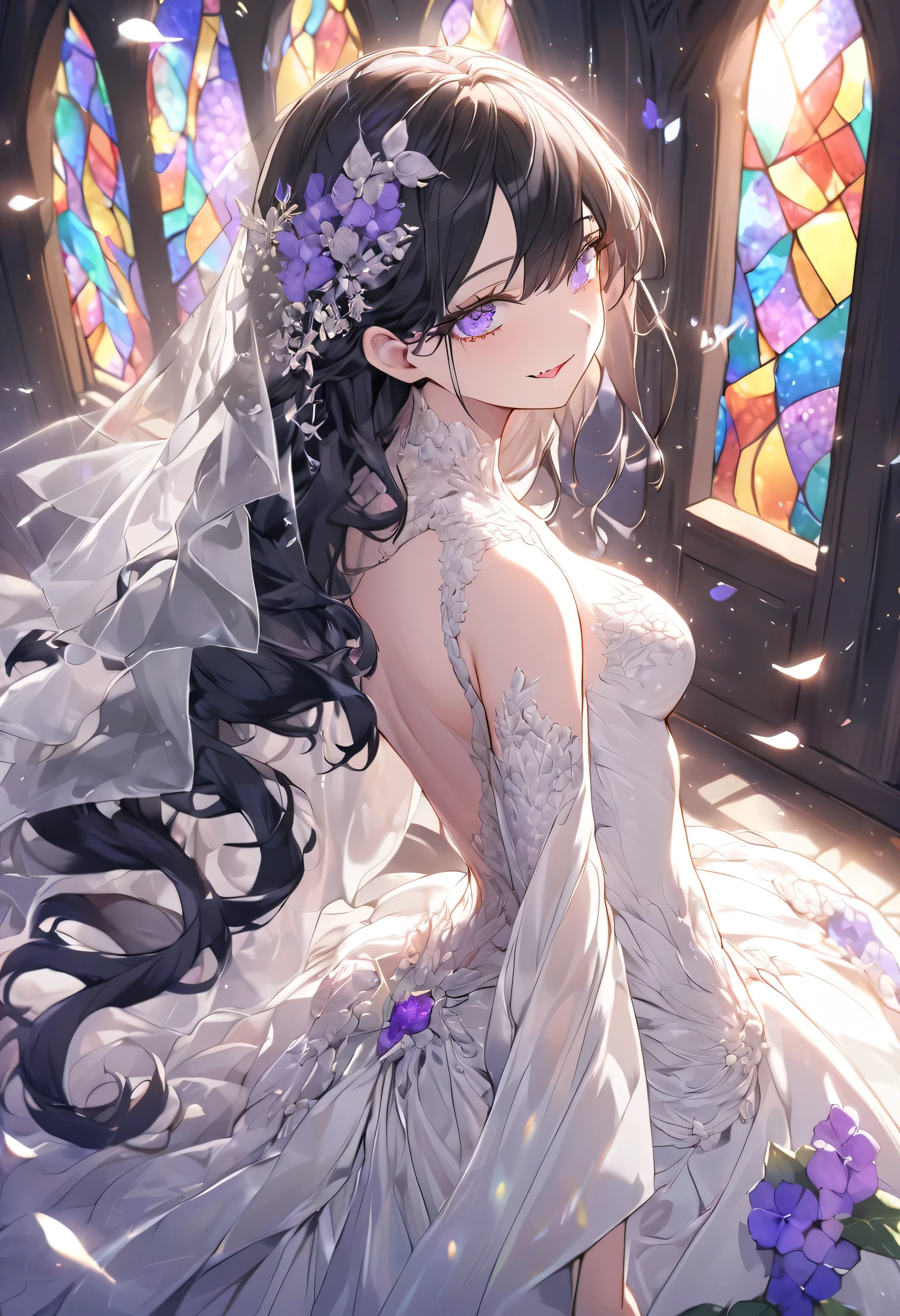 A surreal masterpiece of a bride, adorned in an intricately detailed wedding dress, stands at the center of the frame, her long black hair flowing down her back like a river of night. Her eyes gleam with an absurd intensity, purple irises piercing through thick lashes, as a delicate fang protrudes from her lip. The lace veil cascades down her face, framing her light smile and fluttering in the bright, stained glass-illuminated air. In the background, the church doors swing open, inviting all to witness this kawaii spectacle. Floral accents of Hydrangea and flower petals dance across the scene, as glittering light particles swirl around the bride's ethereal form.