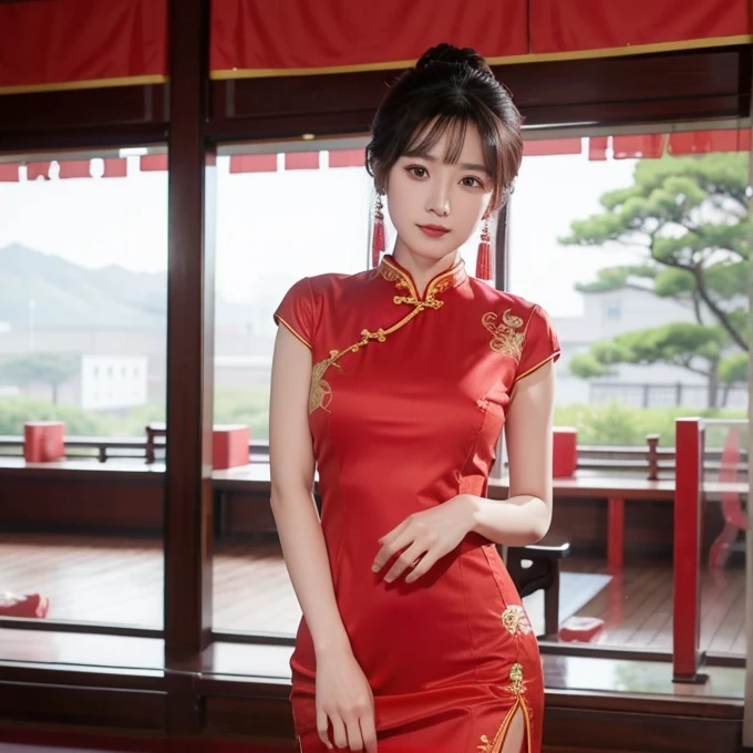 Arafi women in dresses, cheongsam,cheongsam,Chinese Girl, Wearing an elegant dress,, Chinese traditional clothing,Japanese-style classroom,Attend class,Expose,black,Headband,Sexy,10 people