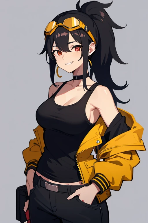 young ebony girl, black skin, purple long hair, high ponytail, yellow eyes, White leather jacket, skirt, open belly, side boob, smile, masterpiece, high quality