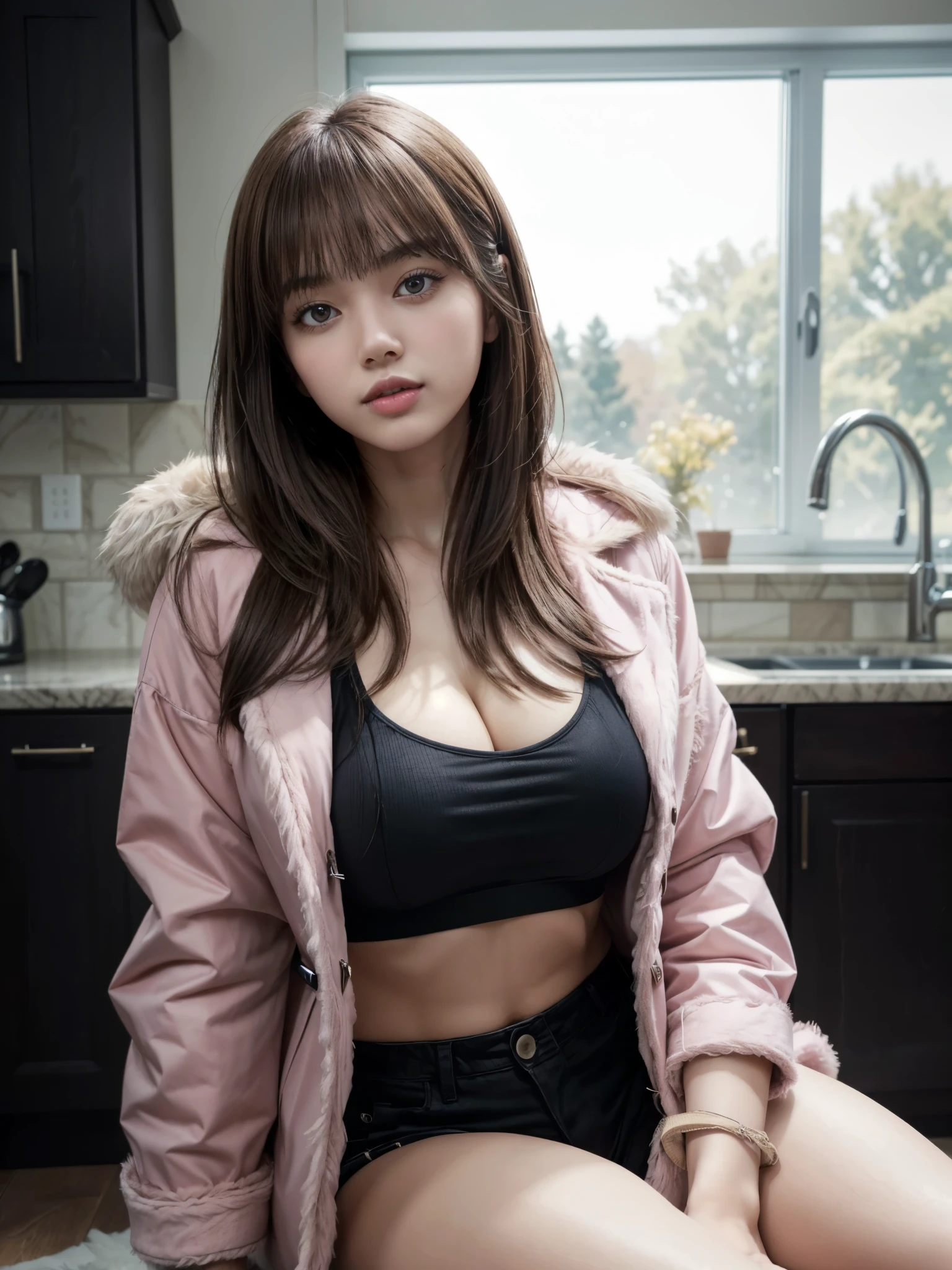 1girl, sitting on floor, cleavage, gigantic breasts, sagging breasts, detailed face, kitchen background, head tilt, side swept long brown hair, bangs, looking at viewer, open fur-trimmed pink jacket, thighs, navel, chubby body type, (best_quality, masterpiece:1.2), (highly detailed), (4k, 8k, uhd, high_resolution, highres),