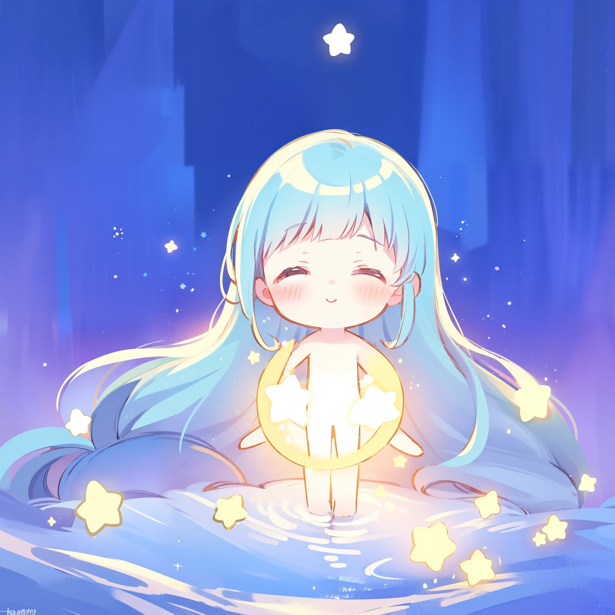 cute style, wishing star background, a nude girl catching a stream of glowing stars in her hands, long flowing blue hair, dreamy, peaceful, serene composition, glowing stars, glowing, complex drawing, highly detailed, ethereal, starry night, midjourney style