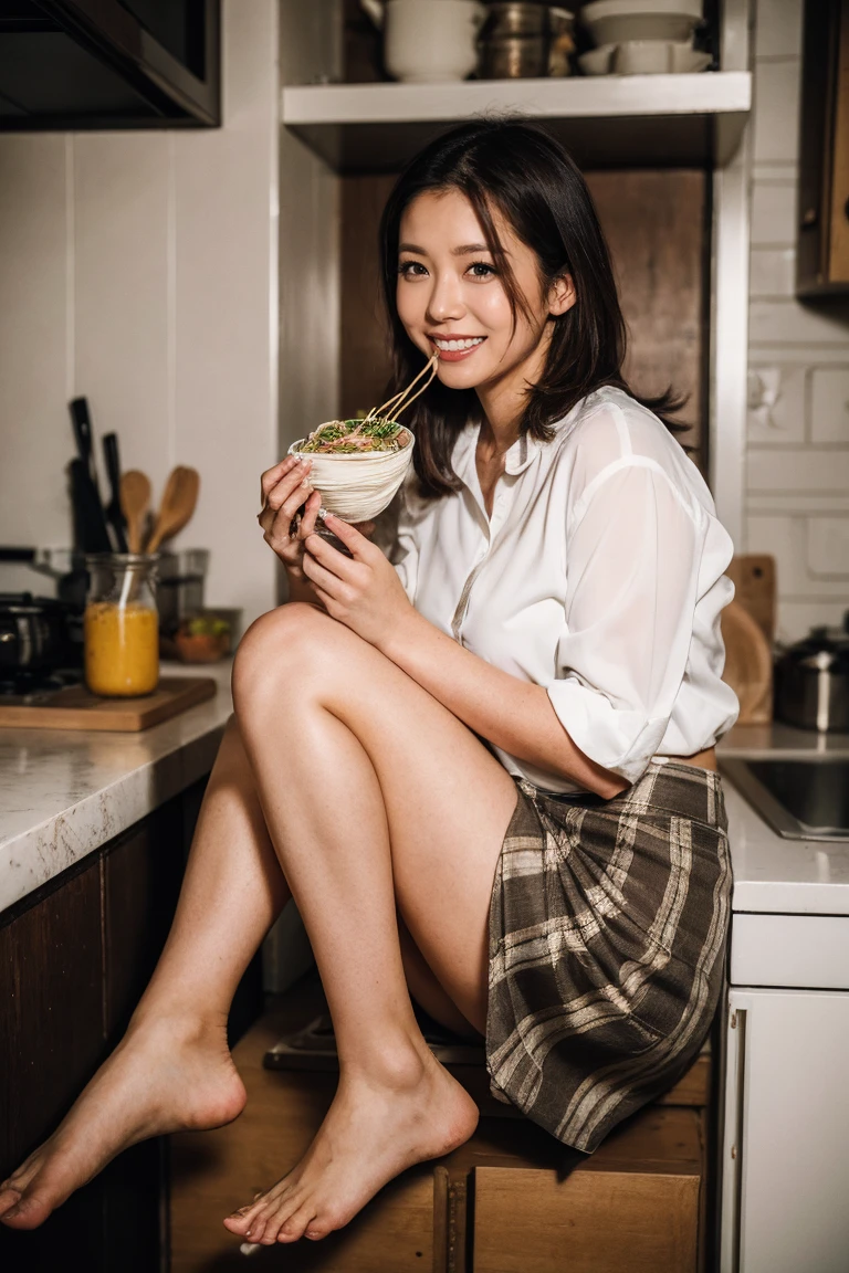 highest quality, Flying debris, Realistic, High resolution, 8k RAW Photos,alone, One Girl, 30 years old、Eating ramen in the kitchen、smile、blouse、skirt、Japanese Kitchen、barefoot