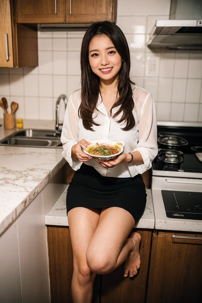 highest quality, Flying debris, Realistic, High resolution, 8k RAW Photos,alone, One Girl, 30 years old、Eating ramen in the kitchen、smile、blouse、skirt、Japanese Kitchen、barefoot