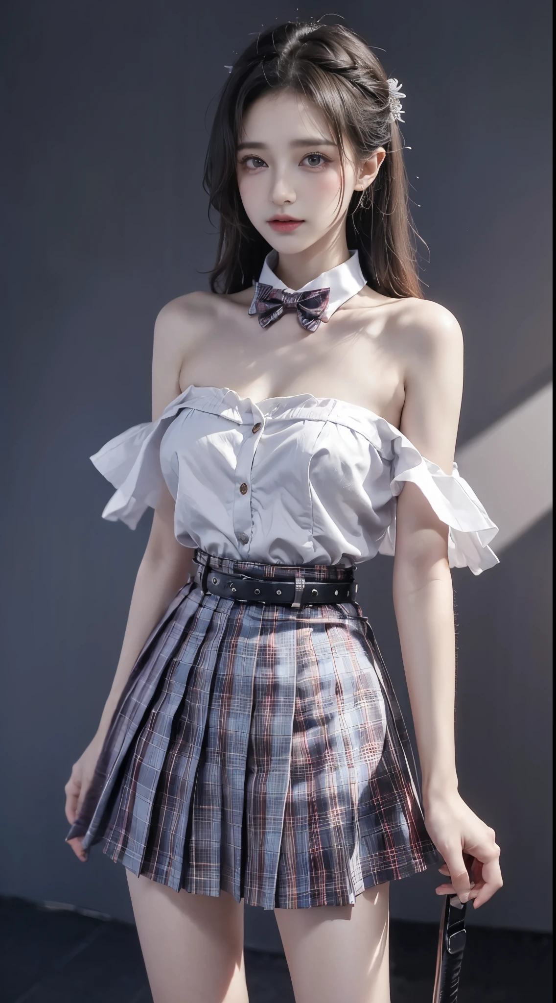 skirt,plaid necktie,belt,plaid skirt,black shirt,bowtie, ((cowboy shot)), ((Bare shoulder)), ((Short hemlines, sexy long legs)), ((Elegant and charming posture, random view shots)), realistic detailed photo of a giant breasted girl with exposed shoulders, detailed fingers, high quality skin, red eyes, alone in a winter scene with clouds, wind, and flowing hair, (best quality,4k,8k,highres,masterpiece:1.2),ultra-detailed,(realistic,photorealistic,photo-realistic:1.37),studio lighting,vivid colors