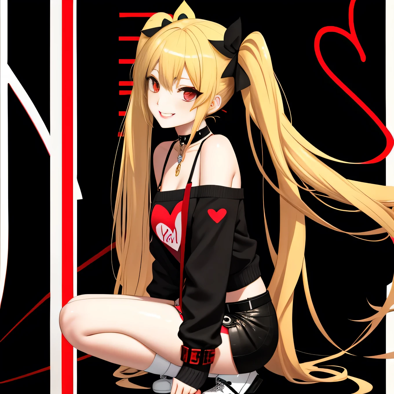 full body Esbian, masutepiece: 1.2, Highest Quality), (Live-action, elaborate details), (1 Lady, Solo, Upper body,) Clothing: Edgy, Black long jumper, red miniskirt, long hair with blonde twin tails,,,,,,,、Avant-garde, Experimental appearance: Long blonde twin tail hair 、Red eyes、Heart-shaped choker、The location: karaoke、Solo, Nice smile、Value Creation in Mixed Media Art: individuality, authenticity, Creative expression