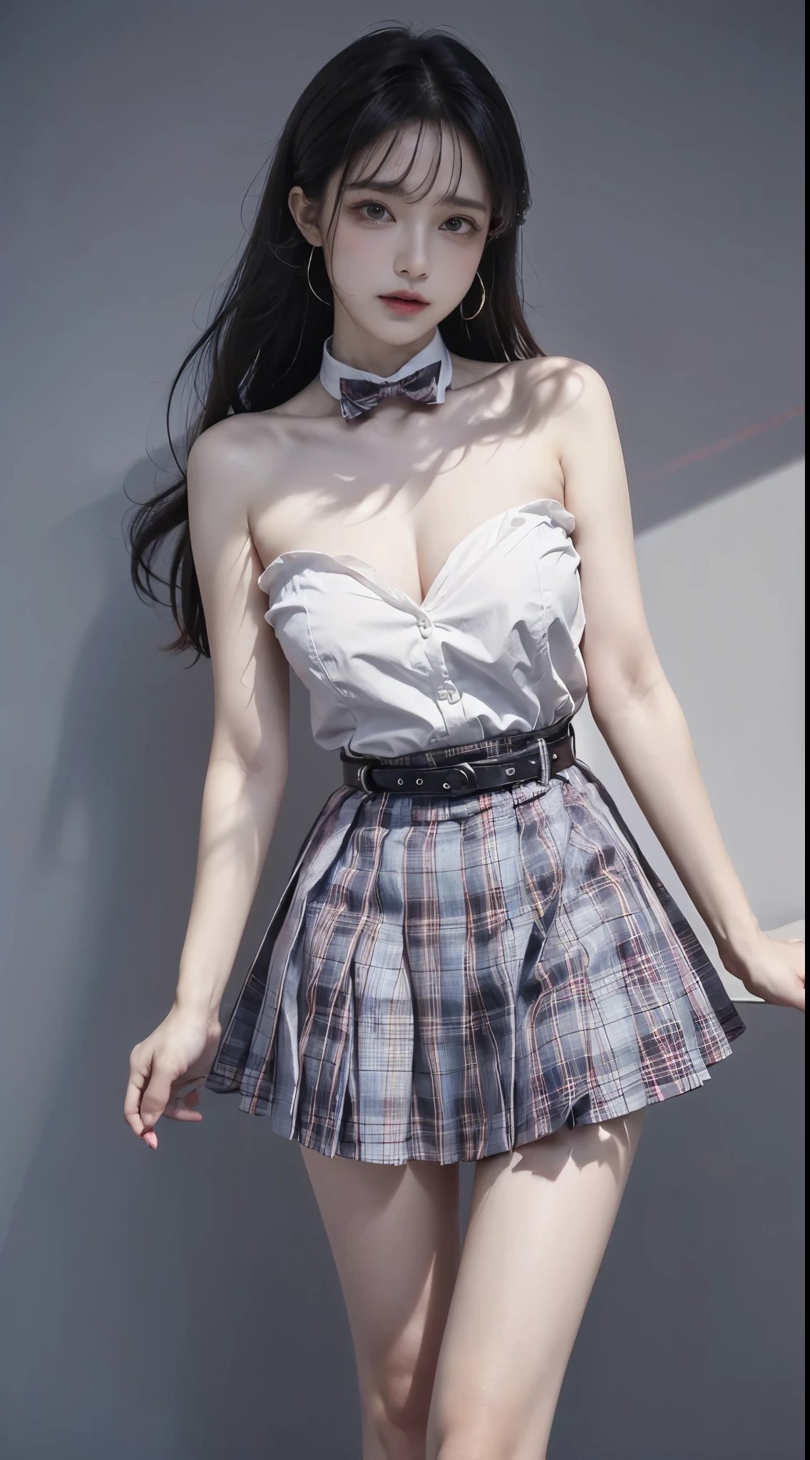 skirt,plaid necktie,belt,plaid skirt,black shirt,bowtie, ((cowboy shot)), ((Bare shoulder)), ((Short hemlines, sexy long legs)), ((Elegant and charming posture, random view shots)), realistic detailed photo of a giant breasted girl with exposed shoulders, detailed fingers, high quality skin, red eyes, alone in a winter scene with clouds, wind, and flowing hair, (best quality,4k,8k,highres,masterpiece:1.2),ultra-detailed,(realistic,photorealistic,photo-realistic:1.37),studio lighting,vivid colors