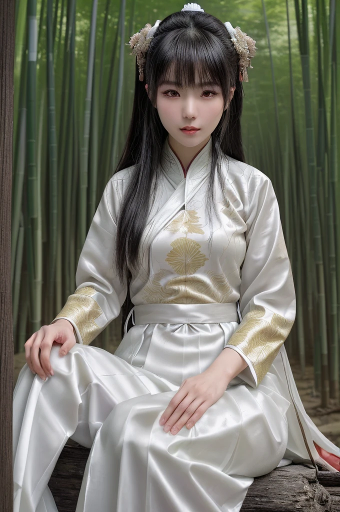 best quality, 8k, highly detailed face and skin texture, high resolution, asian girl in white chinese clothing at bamboo forest, full body, sharp focus