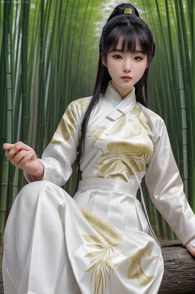 best quality, 8k, highly detailed face and skin texture, high resolution, asian girl in white chinese clothing at bamboo forest, full body, sharp focus