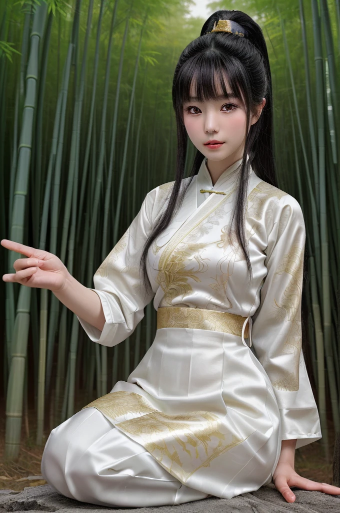 best quality, 8k, highly detailed face and skin texture, high resolution, asian girl in white chinese clothing at bamboo forest, full body, sharp focus