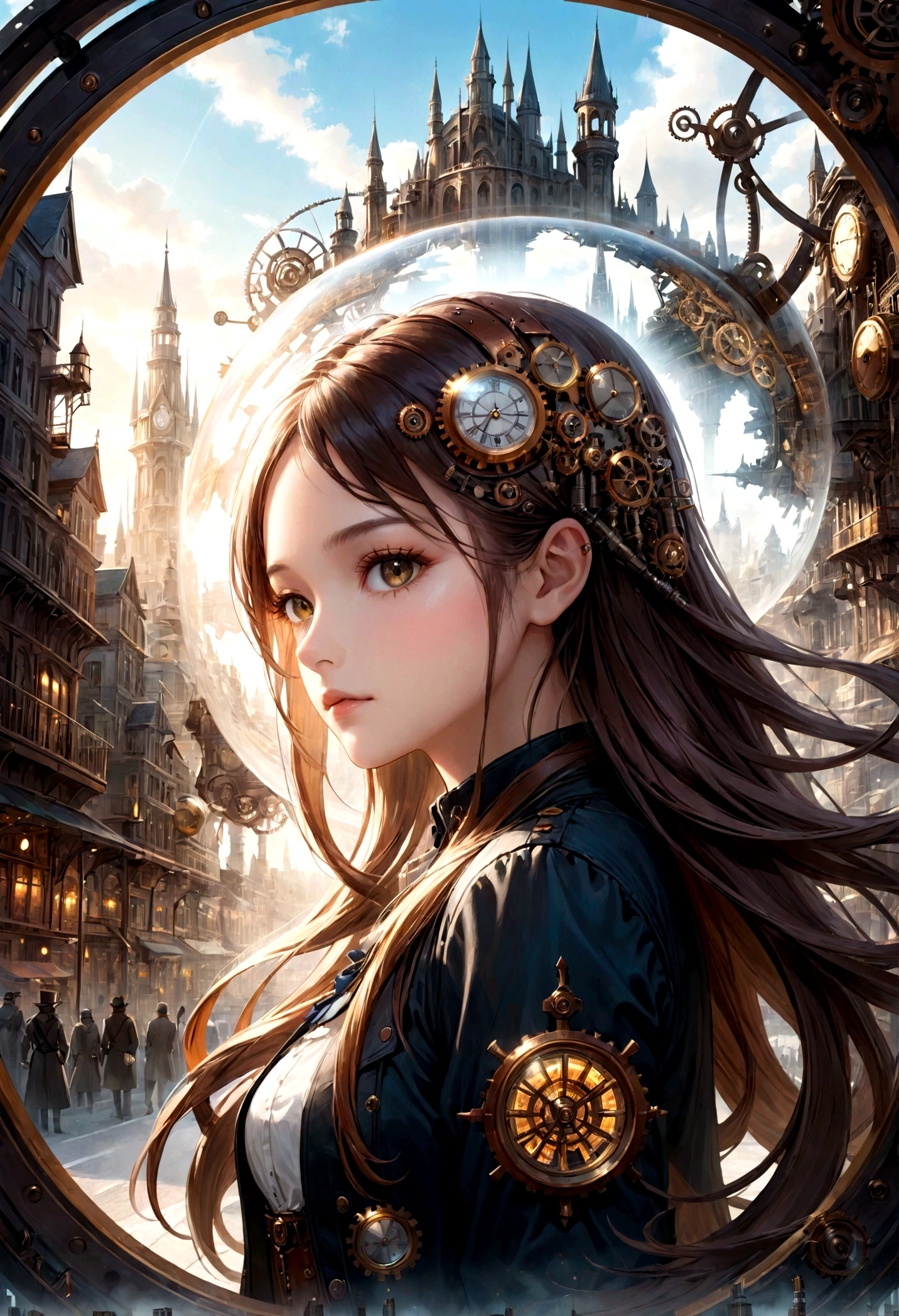 Double exposure of a beautiful girl with long hair(Face clear and perfect)Image,The backdrop is a hyper-detailed steampunk city that's perfect, Beautifully, Intricate illustrations, art work concept art work masterpiece, best quality, Super detailed, HD