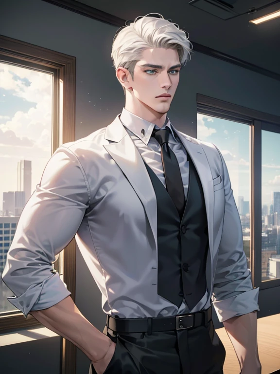 (best quality, masterpiece, 8K, photorealistic, cinematic lighting, hdr image, ultra detailed, beautiful image), 1 man, 31 years old, mature man, very handsome, (without expression, serious), short white hair, green eyes ( penetrating gaze), imposing posture, businessman, office background