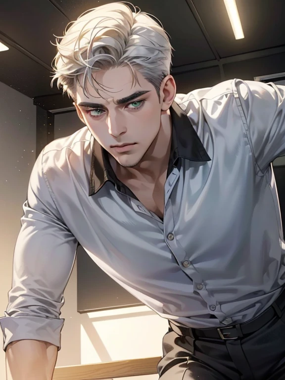 (best quality, masterpiece, 8K, photorealistic, cinematic lighting, hdr image, ultra detailed, beautiful image), 1 man, 31 years old, mature man, very handsome, (without expression, serious), short white hair, green eyes ( penetrating gaze), imposing posture, businessman, office background