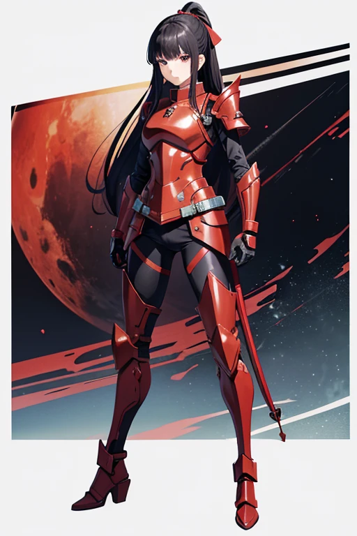 Anime drawings、Full body portrait、Red armored warrior from space science fiction、A female samurai wearing red armor, standing upright, about 165cm tall, about 23 years old、Bullish expression、Hairstyle is semi-long straight、Black Hair、Arm guard、Leggers、Red ribbon on head