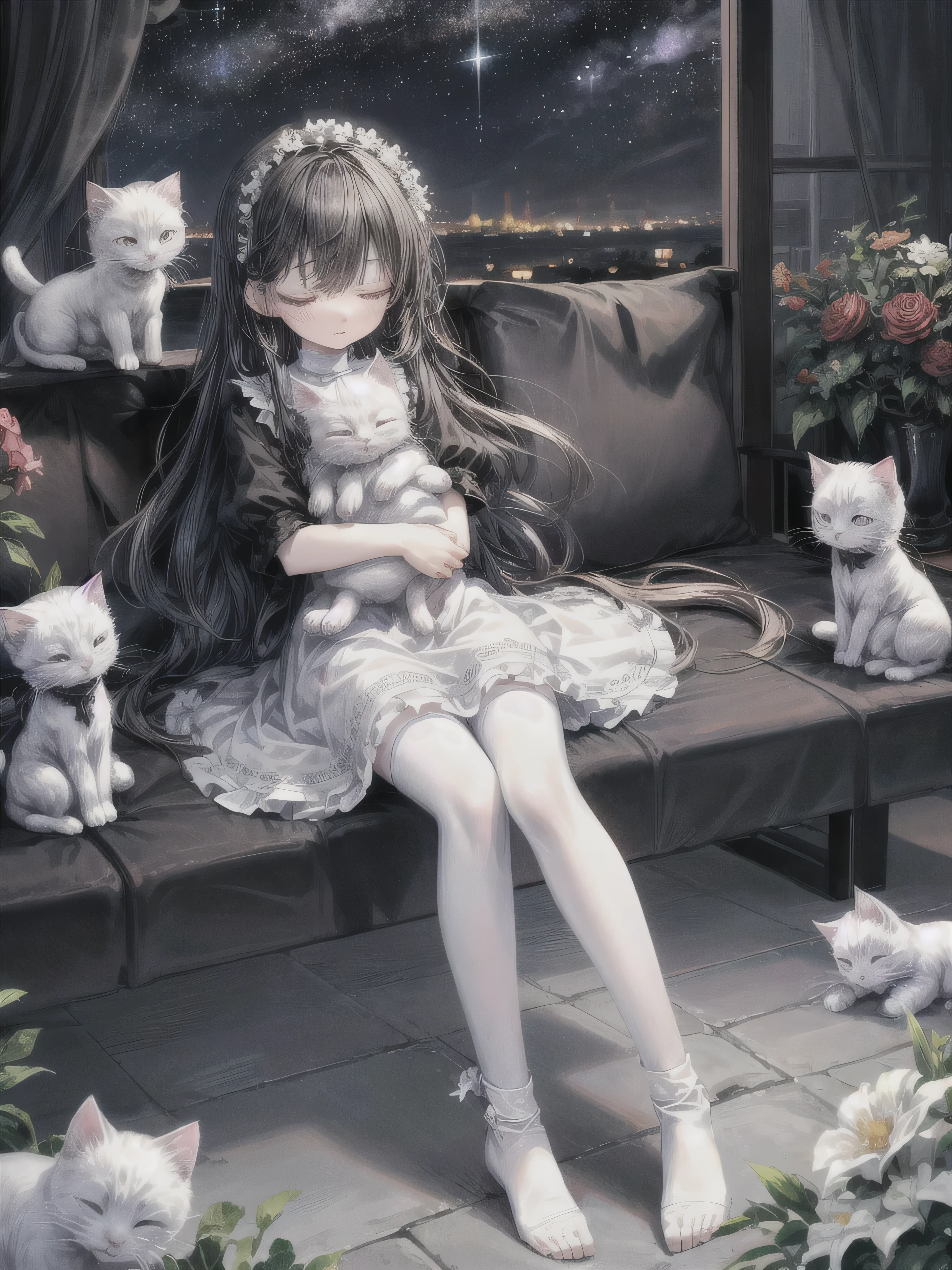 A and a fluffy white kitten, flowers, sleeping, long black hair, night, starry sky
