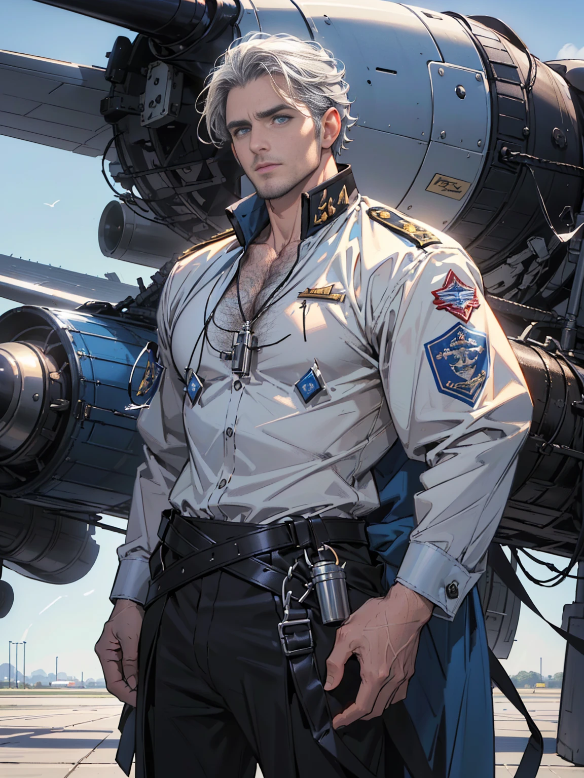 Aircraft captain! The captain's uniform! Movie poster! captain's uniform! captain's uniform! Background Airplane Airport ! Skinny and tall！（Chest hair：1.5） ！ High detail 8K)! ((Realistically)), ! 186 cm! 70 kilograms! Popular clips! ( High-detail 8k ((realistically)), big hairy ! Dark skin, best quality, bright lighting, focus, theater! 35 years old, hairy breasts, thick hair Adam Dario Kier screenshot, Reddit, photo realism, gray hainely sculpted eyes！ gray hair！ gray hair！!(Chest hair：1.5） outdoor!! Blue sky!,more detail , less detail