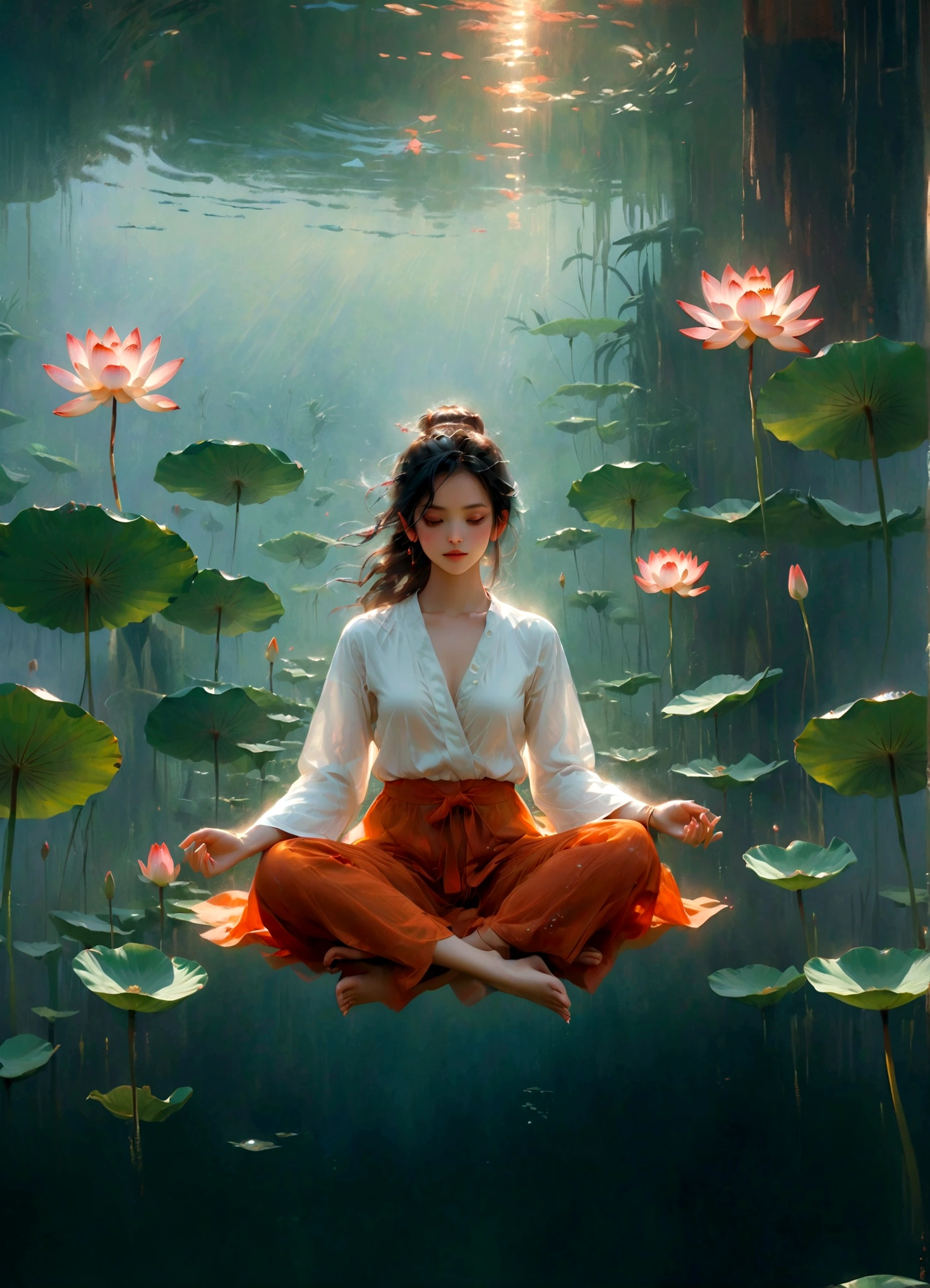 (bright colors),lotus pose,girl floating on air:2,(best quality:1.2),detailed portrait,serene background,gentle shadows,soft lighting,meditative atmosphere,delicate lines.minimalist Journey,girl floating on air:2,girl floating on air:2