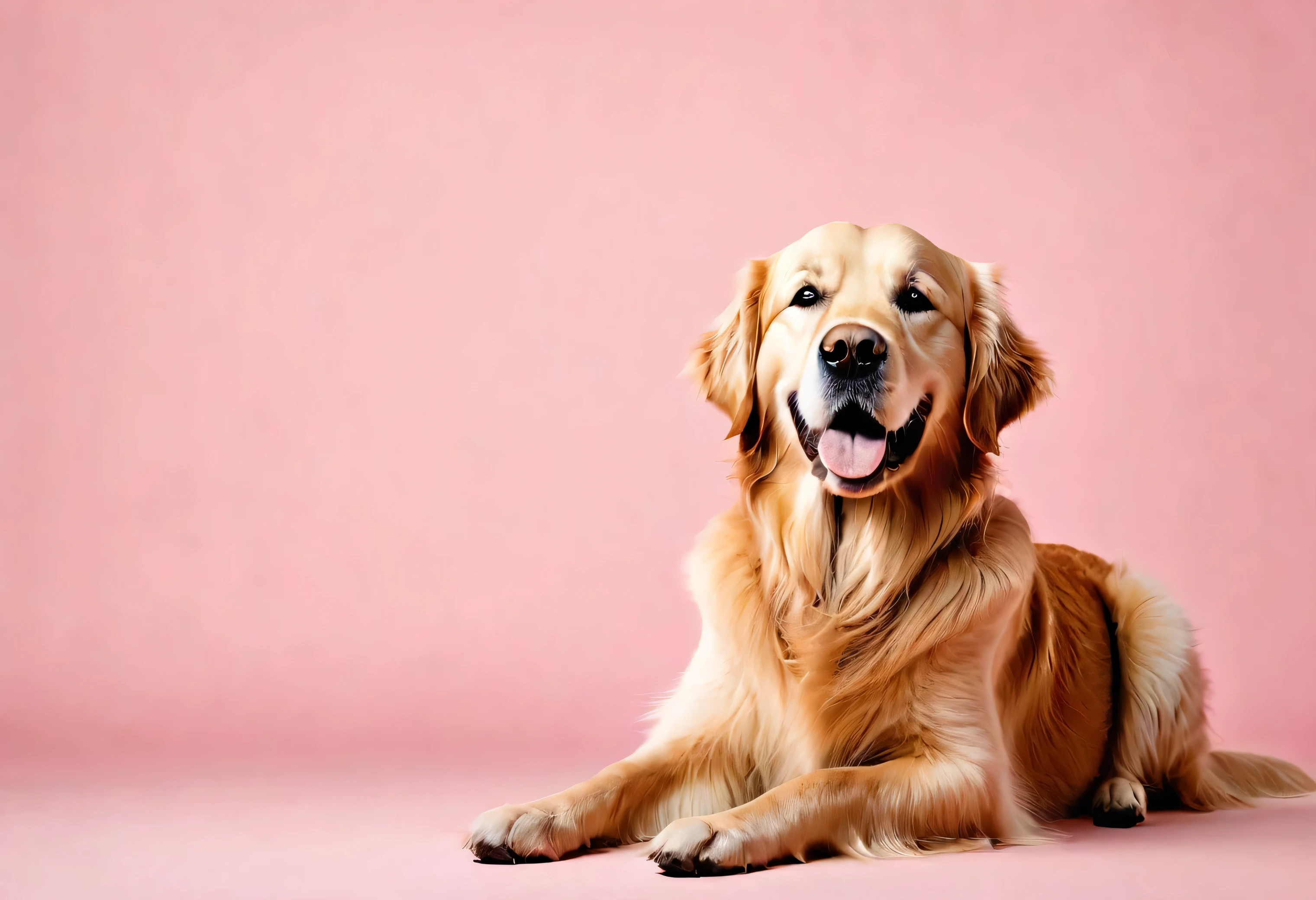Golden Retriever sitting on a solid pastel pink background with space above for text