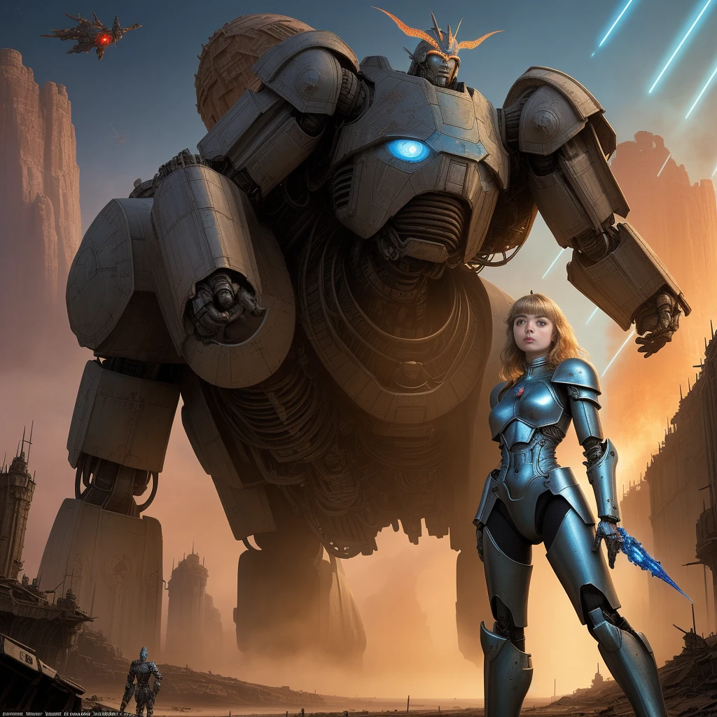 there is a woman standing in front of a giant robot, inspired by ken kelly, epic album cover, imogen poots as a paladin, ralph horsley vivid color, mighty princess of the wasteland, skynet, intricate biopunk patterns, queen of warrior, krull