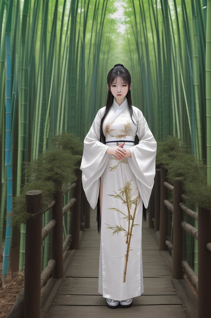 best quality, 8k, highly detailed face and skin texture, high resolution, chinese girl in white chinese clothing standing at bamboo forest, full body, sharp focus