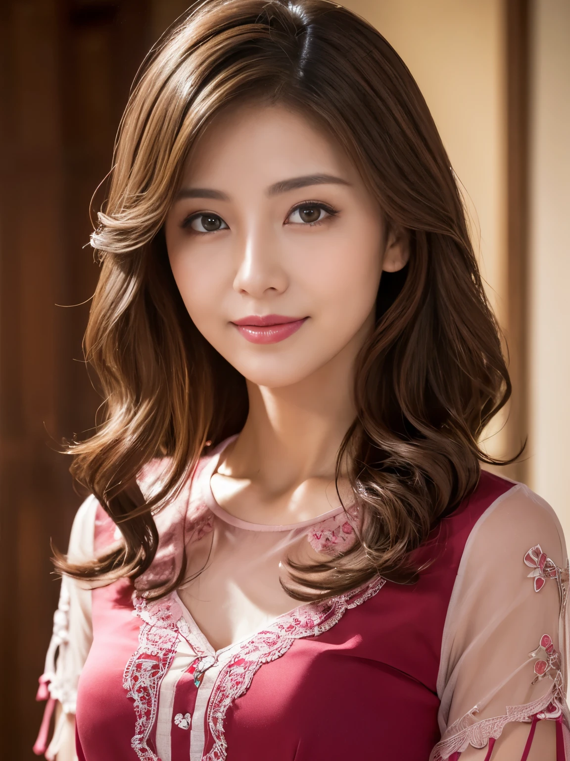 (Raw photo), (Photo realistic), (masterpiece), (highest quality), High resolution, 8K resolution, (Intricate details), (Volumetric Light), Portraiture, woman, 30 years, Medium Wavy Hair, Layered Hair, Brown haired, Highly detailed eyes, Source Order, Very fine eyebrows, Highly detailed skin, Highly detailed mouth, Highly detailed nose, Cute like an idol, Smile, ((Pink lipstick)), ((Look at the viewers)), (An elegant and transparent crimson short-sleeved blouse), ((Bodies facing random directions)),