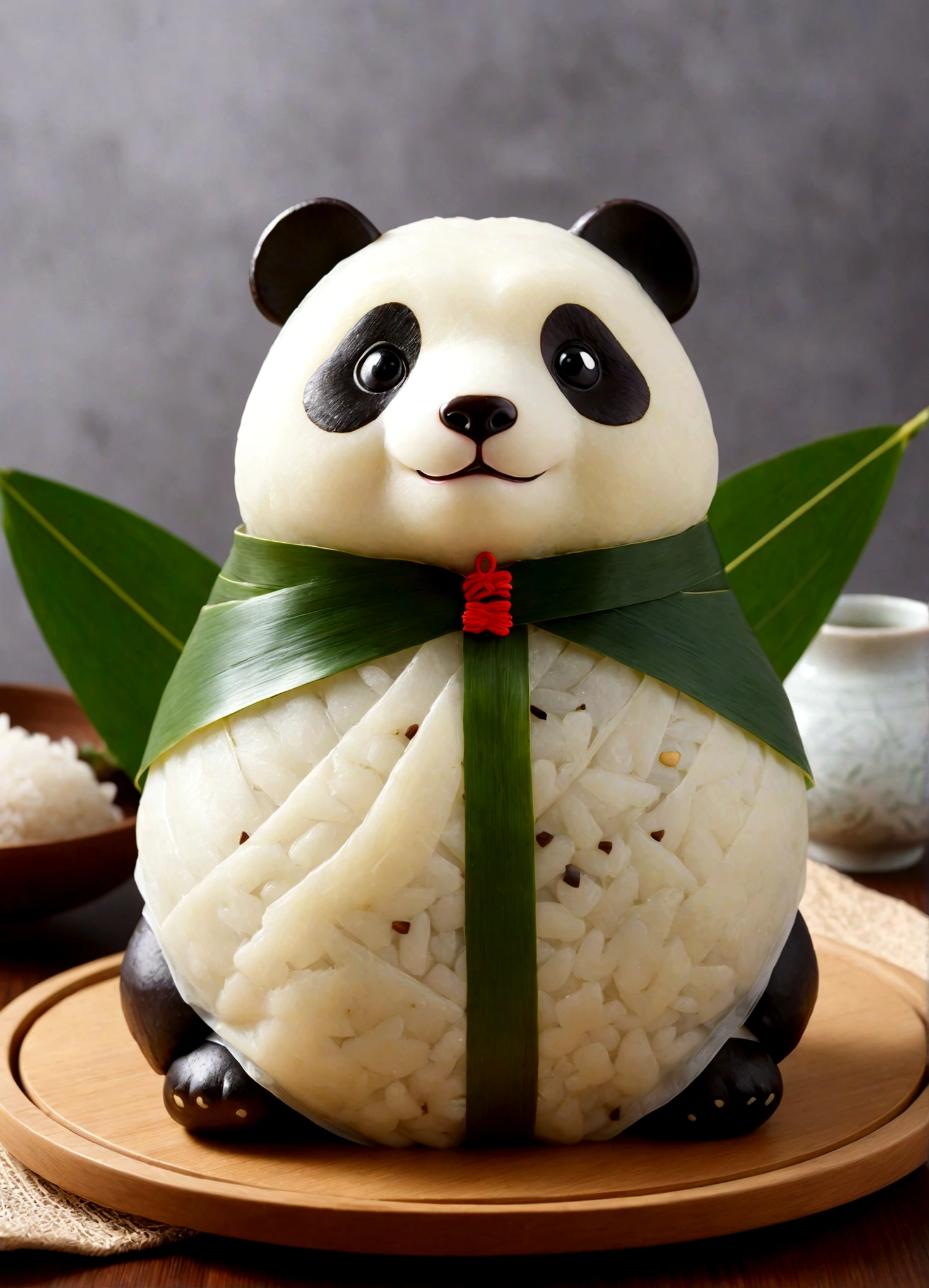 Panda-shaped Zongzi, rice dumpling, 'This image captures a cute panda-shaped glutinous rice ball that exudes an adorable and playful charm.', 'The panda-shaped glutinous rice ball is meticulously crafted, with its body wrapped in traditional glutinous rice leaves.', 'The head of the panda is the focal point, with its big, round eyes and cute expression, making it irresistibly charming.', 'The Zongzi ball is vibrant, with a rich, golden hue that contrasts beautifully with the green rice leaves.', 'The overall design is cartoonish, with exaggerated features that add to its charm and appeal.', 'The Zongzi ball is a delightful fusion of traditional craftsmanship and playful design, making it a perfect piece for anyone who loves pandas and traditional Chinese culture.'