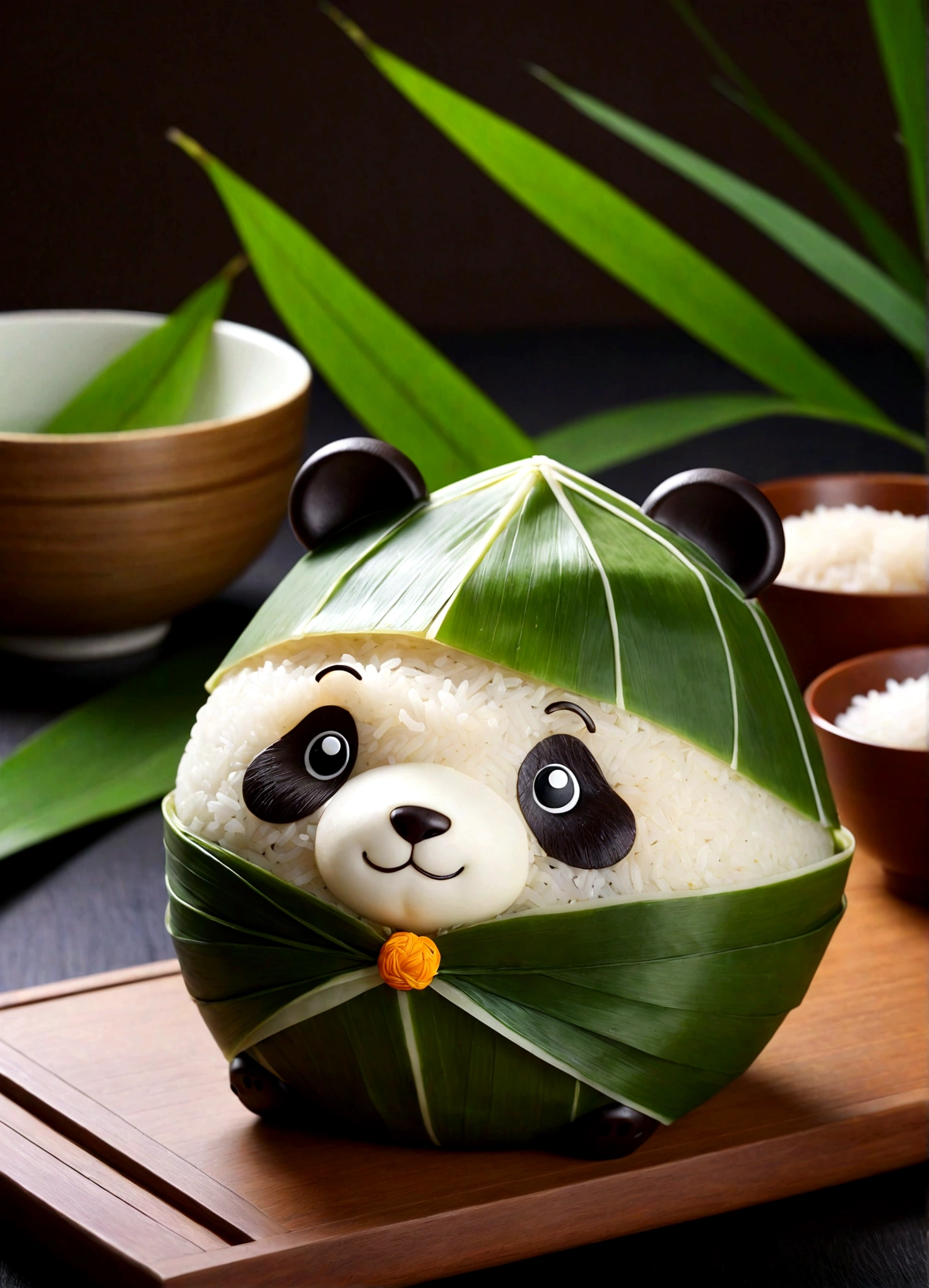 Panda-shaped Zongzi, rice dumpling, 'This image captures a cute panda-shaped glutinous rice ball that exudes an adorable and playful charm.', 'The panda-shaped glutinous rice ball is meticulously crafted, with its body wrapped in traditional glutinous rice leaves.', 'The head of the panda is the focal point, with its big, round eyes and cute expression, making it irresistibly charming.', 'The Zongzi ball is vibrant, with a rich, golden hue that contrasts beautifully with the green rice leaves.', 'The overall design is cartoonish, with exaggerated features that add to its charm and appeal.', 'The Zongzi ball is a delightful fusion of traditional craftsmanship and playful design, making it a perfect piece for anyone who loves pandas and traditional Chinese culture.'