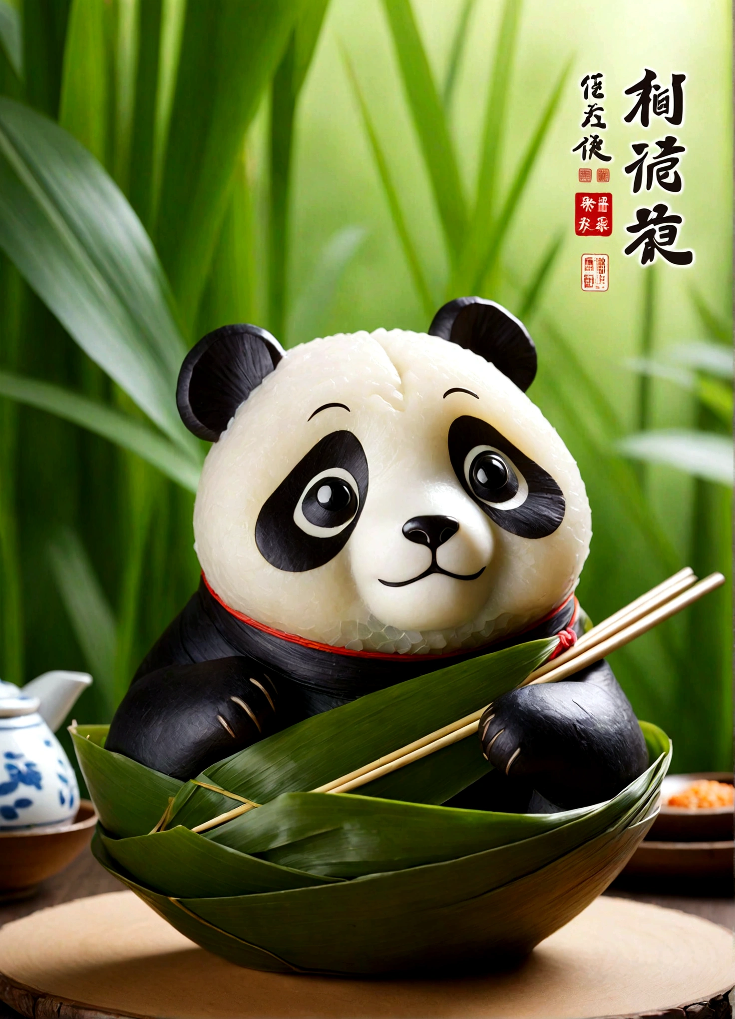 Panda-shaped Zongzi, rice dumpling, 'This image captures a cute panda-shaped glutinous rice ball that exudes an adorable and playful charm.', 'The panda-shaped glutinous rice ball is meticulously crafted, with its body wrapped in traditional glutinous rice leaves.', 'The head of the panda is the focal point, with its big, round eyes and cute expression, making it irresistibly charming.', 'The Zongzi ball is vibrant, with a rich, golden hue that contrasts beautifully with the green rice leaves.', 'The overall design is cartoonish, with exaggerated features that add to its charm and appeal.', 'The Zongzi ball is a delightful fusion of traditional craftsmanship and playful design, making it a perfect piece for anyone who loves pandas and traditional Chinese culture.'