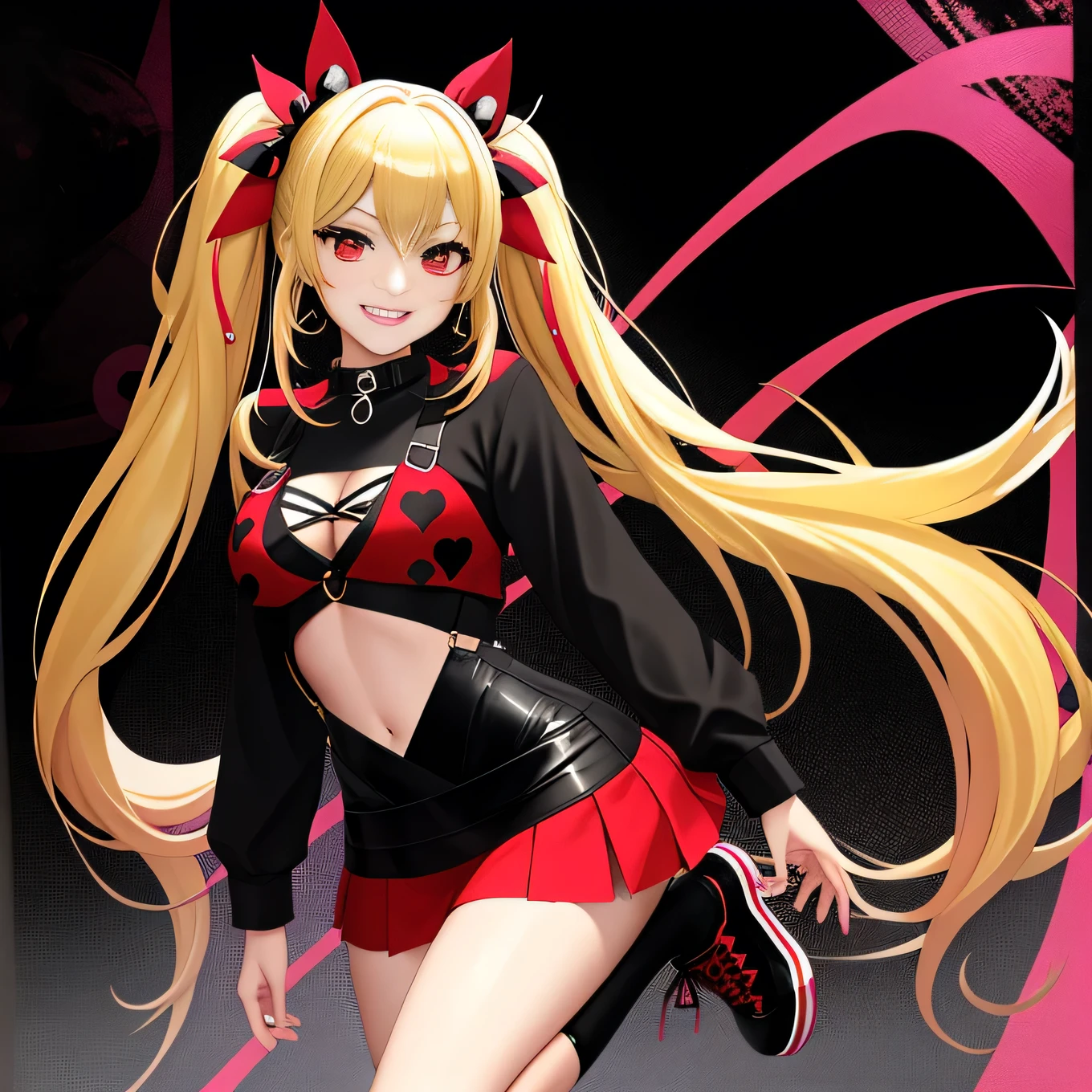 full body Esbian, masutepiece: 1.2, Highest Quality), (Live-action, elaborate details), (1 Lady, Solo, Upper body,) Clothing: Edgy, Black long jumper, red miniskirt, long hair with blonde twin tails,,,,,,,、Avant-garde, Experimental appearance: Long blonde twin tail hair 、Red eyes、Heart-shaped choker、The location: karaoke、Solo, Nice smile、Value Creation in Mixed Media Art: individuality, authenticity, Creative expression