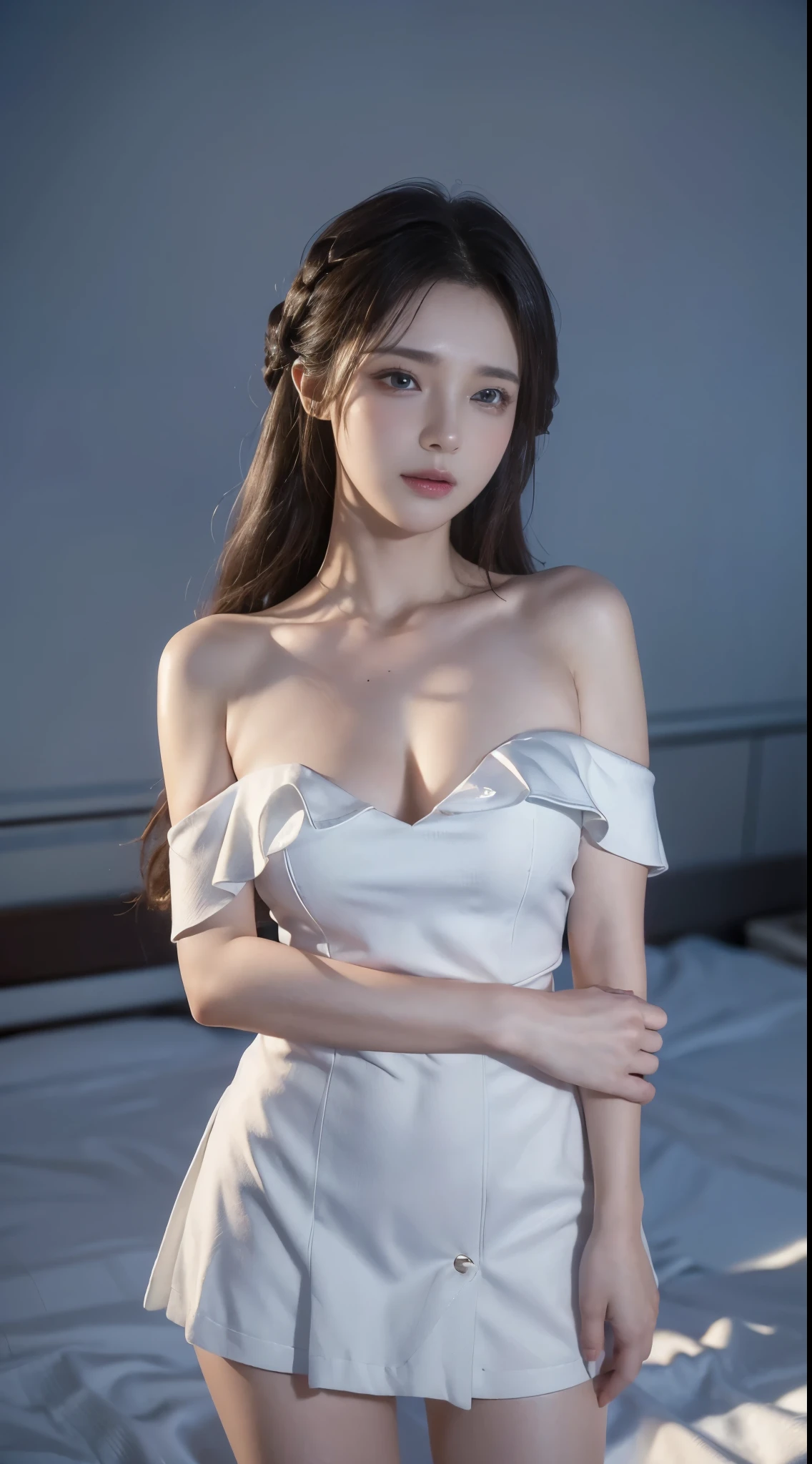 jk, ((cowboy shot)), ((Bare shoulder)), ((Short hemlines, sexy long legs)), ((Elegant and charming posture, random view shots)), realistic detailed photo of a giant breasted girl with exposed shoulders, detailed fingers, high quality skin, red eyes, alone in a winter scene with clouds, wind, and flowing hair, (best quality,4k,8k,highres,masterpiece:1.2),ultra-detailed,(realistic,photorealistic,photo-realistic:1.37),studio lighting,vivid colors