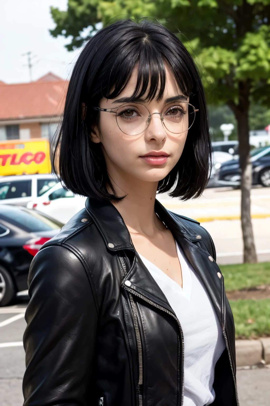 (photo of the face, close-up of the face)(16-year-old woman), (black hair, short hair, bangs, hair down to the shoulders) ((round glasses on the face))(white skin) western face, dark circles, sad and tired and droopy face, pimples on face, thin nose, ((best quality)), ((ultra resolution) ), ((Photorealistic: 1.4)), (complex details), (clothes: black clothes, leather jacket , rocker), thin waist.