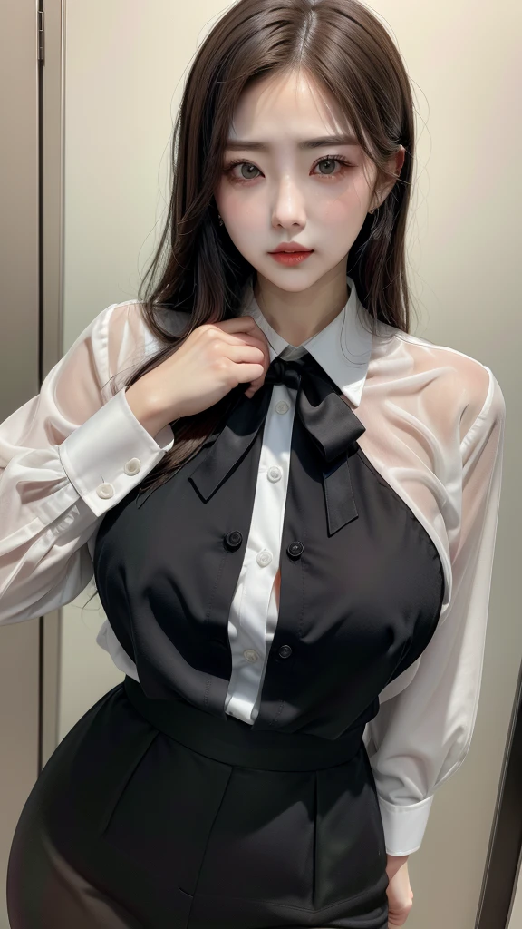 a lady with formal clothes , sexy look , hunter eye , classy lips , with unhook 1st two shirt buttons