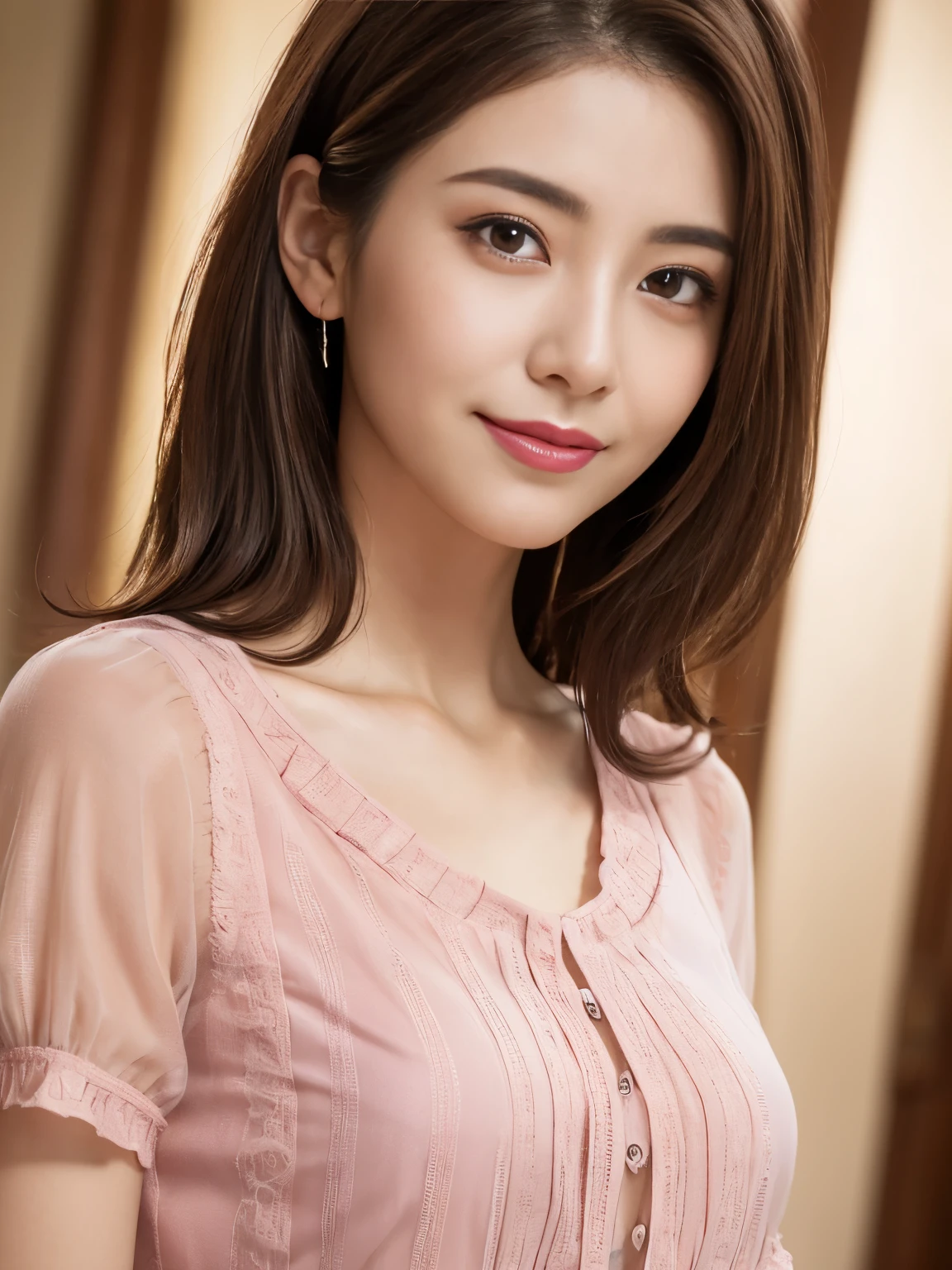 (Raw photo), (Photo realistic), (masterpiece), (highest quality), High resolution, 8K resolution, (Intricate details), (Volumetric Light), Portraiture, woman, 30 years, Medium Hair, Layered Hair, Brown haired, Highly detailed eyes, Source Order, Very fine eyebrows, Highly detailed skin, Highly detailed mouth, Highly detailed nose, Cute like an idol, Smile, ((Pink lipstick)), ((Look into the distance)), (An elegant and transparent crimson short-sleeved blouse), ((Bodies facing random directions)),