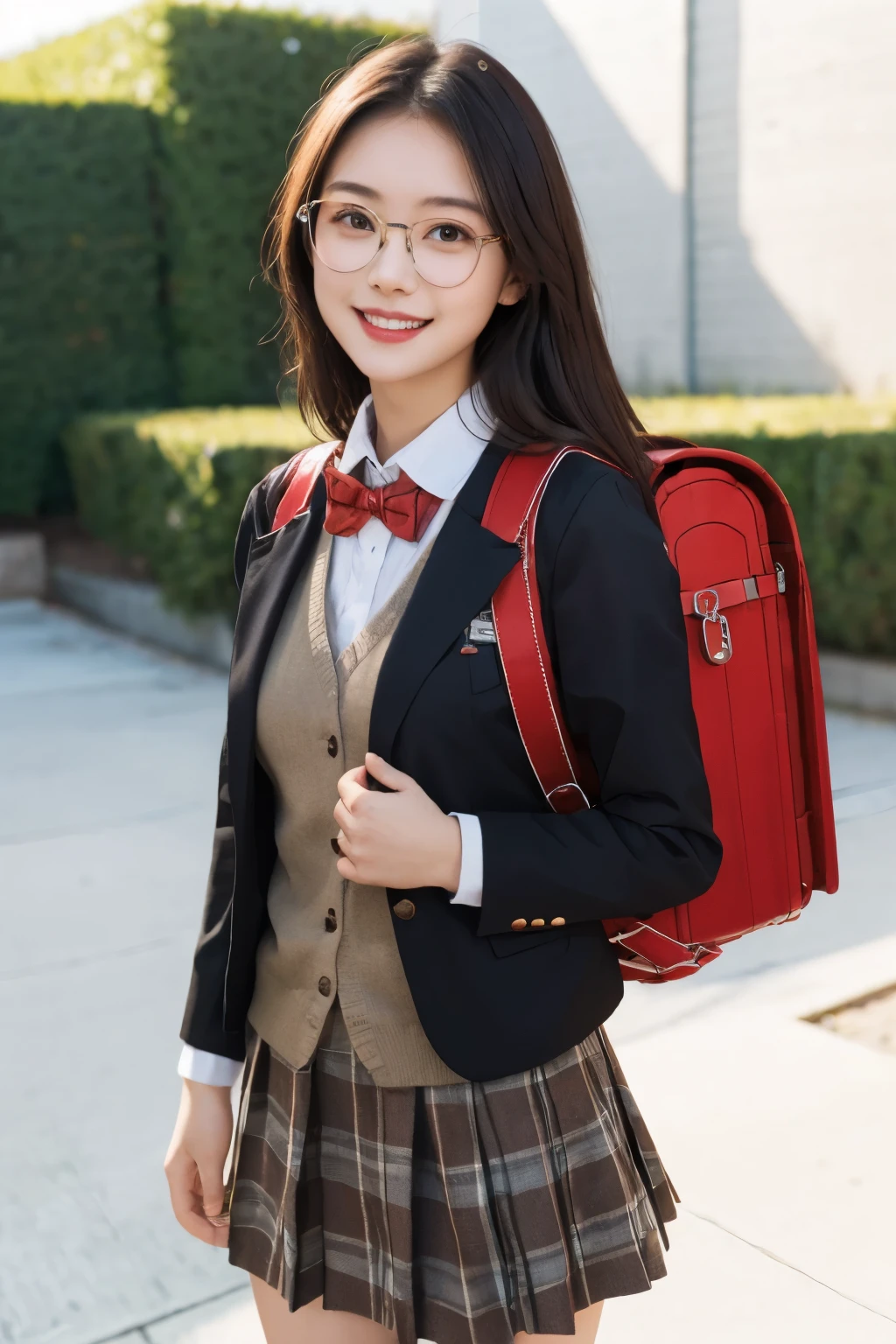 (masterpiece, best quality:1.0), highly detailed, detail, 1girl , highschool student, long hair, brown hair, UNiform, red bowtie, collared shirt, sweater vest, blazer, black blazer, opened jacket, long sleeves, plaid skirt, brown skirt, outdoor, smile, standing, cowboy shot, wearing red backpack, (backpack:1.1), wearing glasses, smile