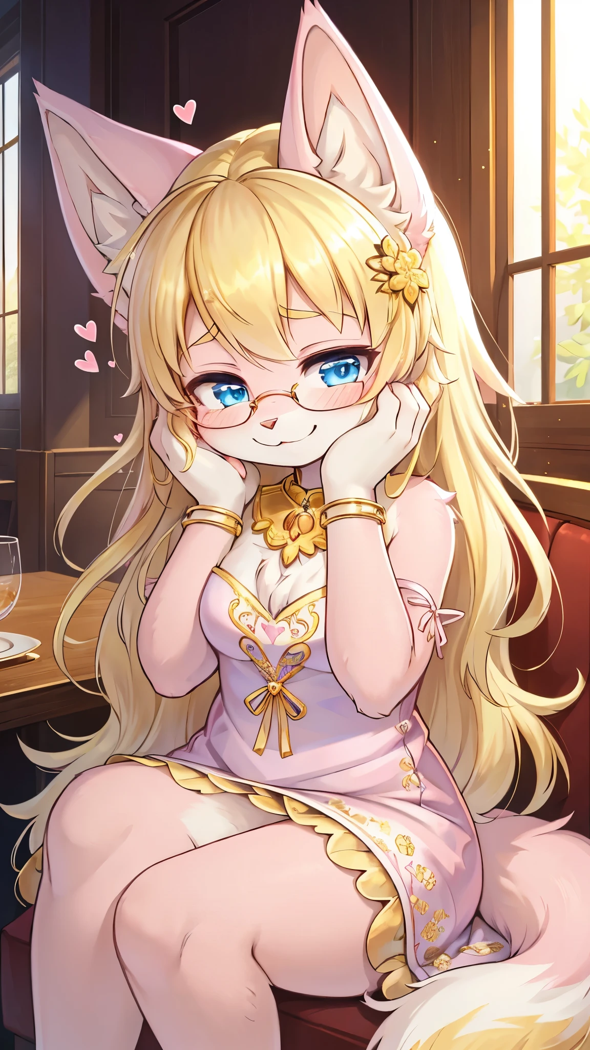 best quality,best resolution,(fluffy anthro furry :1.6),(young :1.6),cat girl,(gold hair :1.6),long hair,wavy hair,blue eyes,glistering eyes,sparkle eyes,ultra detailed eyes,(light pink fur :1.6),(whute dress with gold floral embroidery),heart collar,glasses,floral hair ornaments,gold bracelets,gorgeous restaurant,chanderia,sparkle stars surrounded,romantic light,full face blush,looking at viewer,heart expression eyes,heart eyes,seductive face,smile,sitting,very closed eyes,hands on face