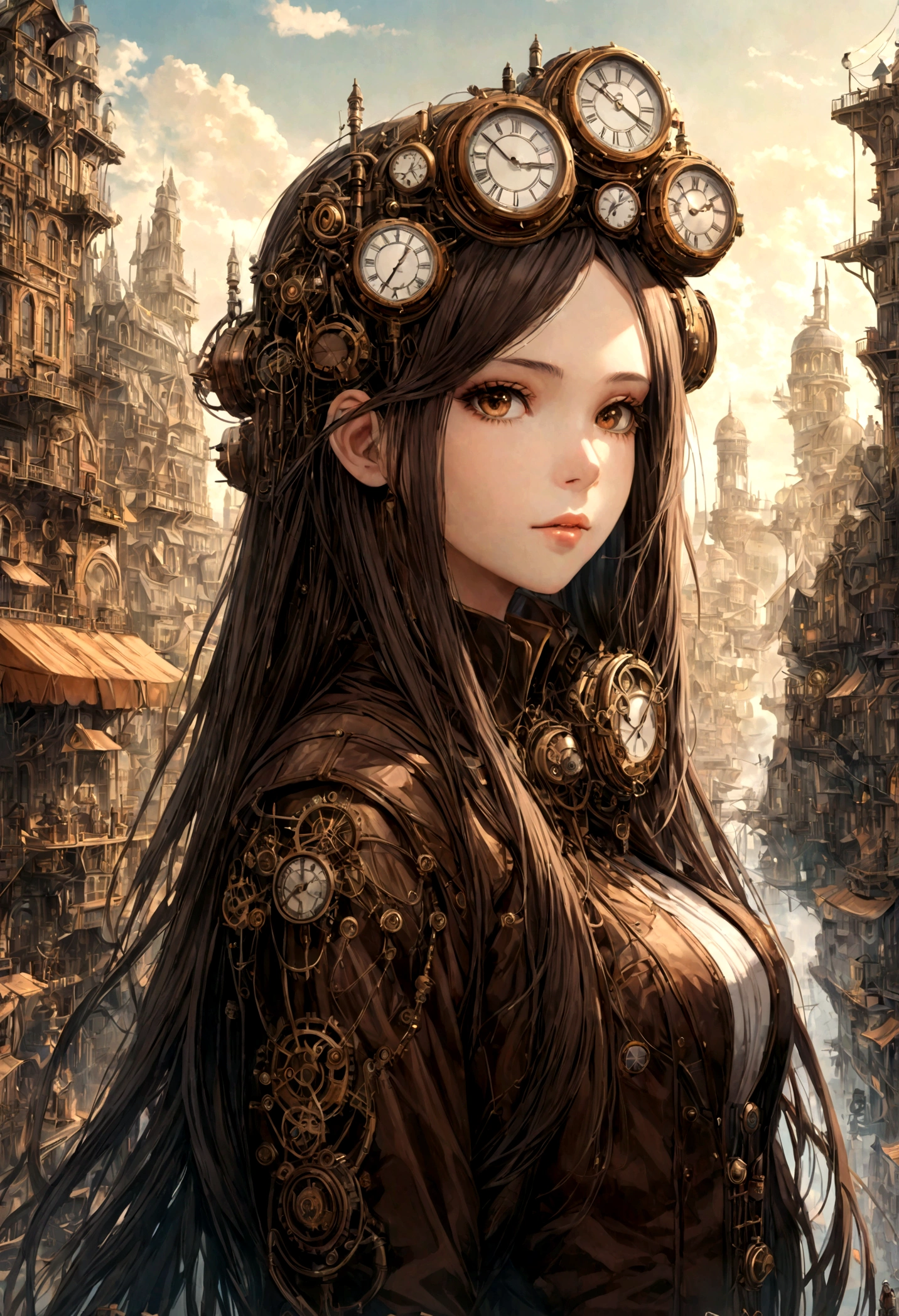 Double exposure of a beautiful girl with long hair(Face clear and perfect)Image,The backdrop is a hyper-detailed steampunk city that's perfect, Beautifully, Intricate illustrations, art work concept art work masterpiece, best quality, Super detailed, HD