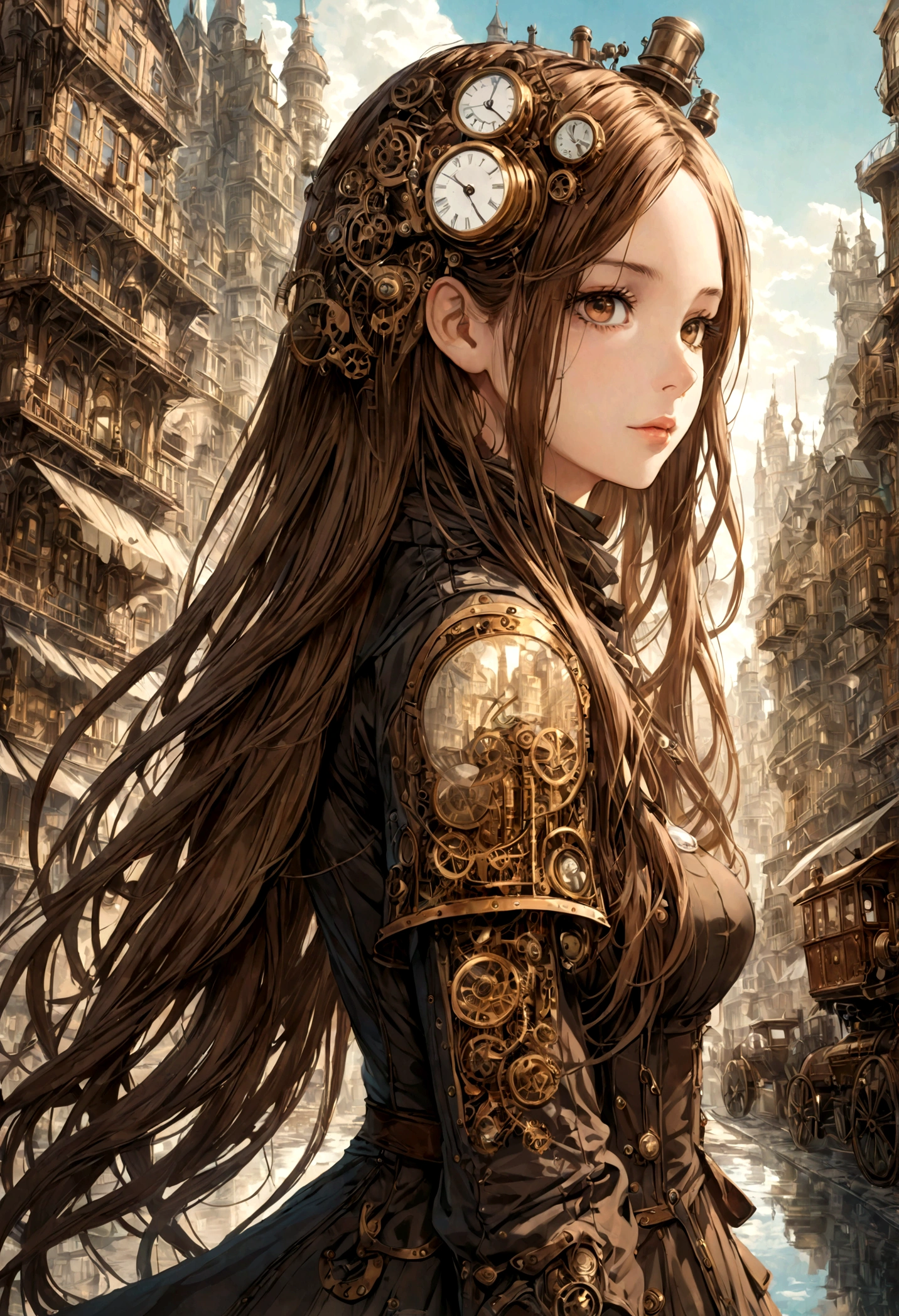 Double exposure of a beautiful girl with long hair(Face clear and perfect)Image,The backdrop is a hyper-detailed steampunk city that's perfect, Beautifully, Intricate illustrations, art work concept art work masterpiece, best quality, Super detailed, HD