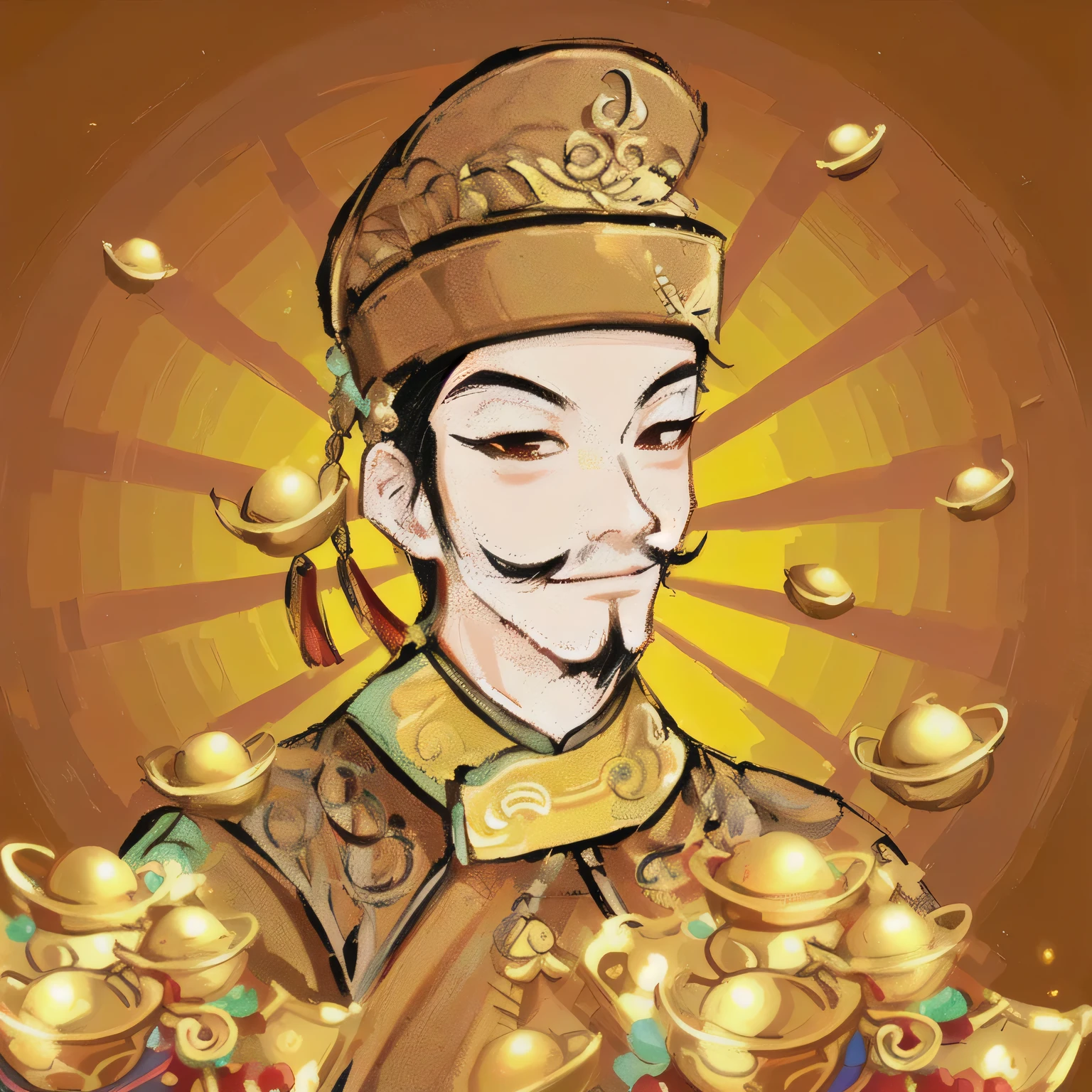 Close-up of a cartoon character with lots of gold coins, bao pnan, Inspired by Yang Buzhi, Inspired by Wu Bin, God of Wealth, inspired by Huang Ding, bian lian, Inspired by Dong Yuan, Inspired by Cao Zhibai, Inspired by Gong Xian, Yuan-You, Inspired by Ma, There are many gold coins