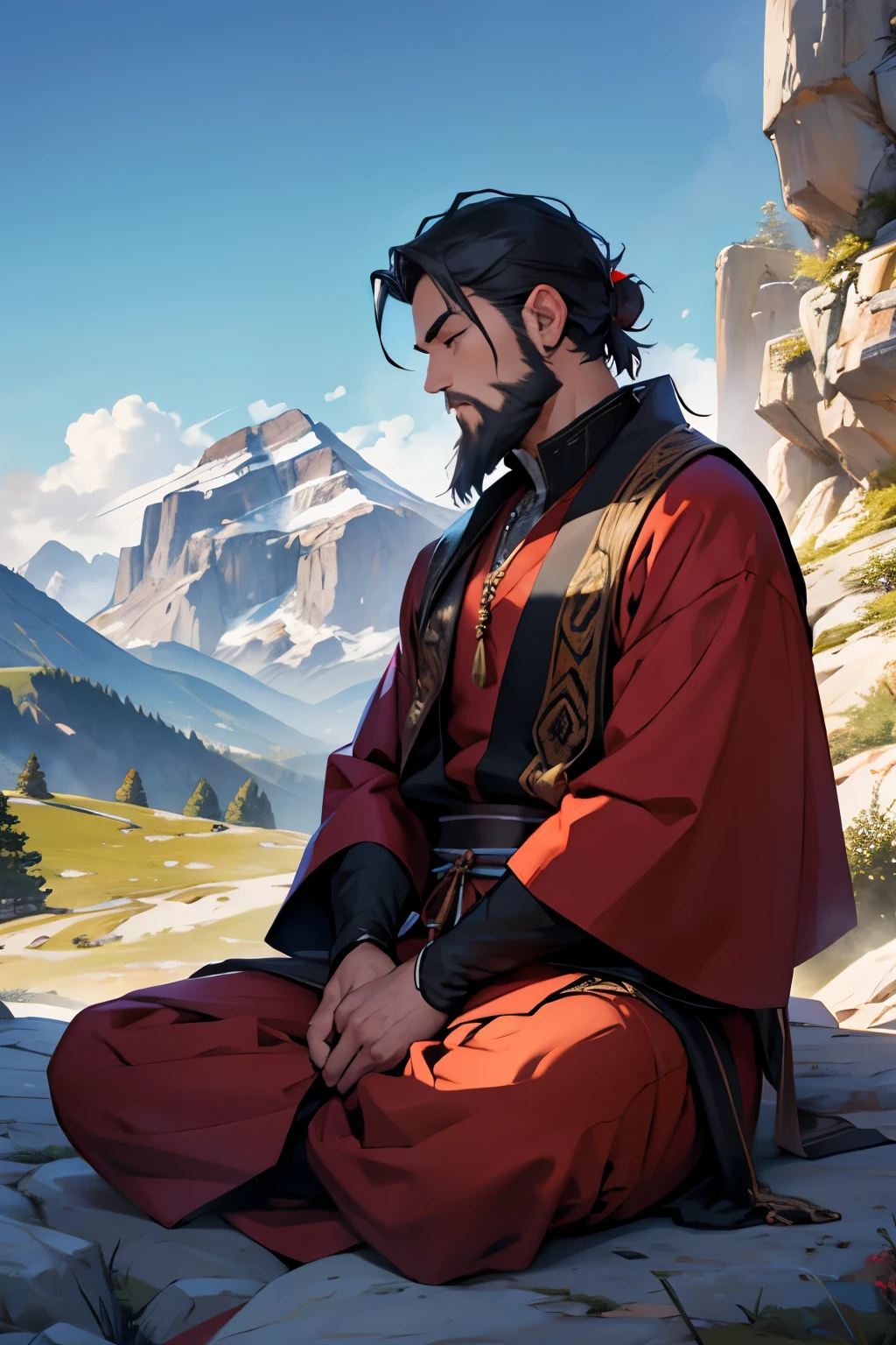 Meditating male warrior, long beard, very short hair,mountains, sitting down