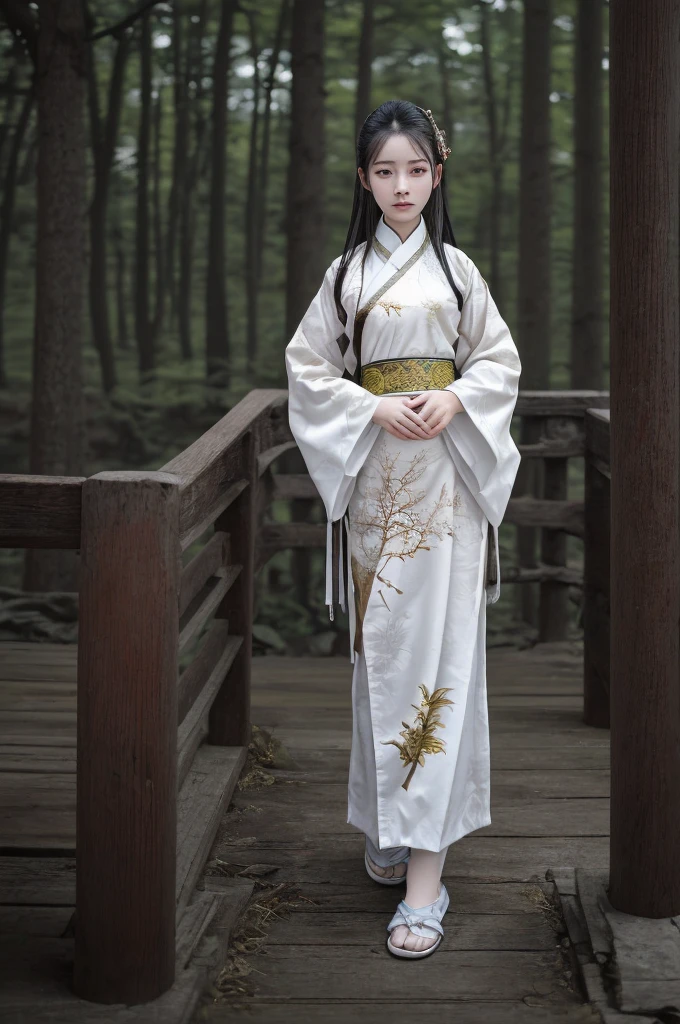 best quality, 8k, highly detailed face and skin texture, high resolution, asian girl in white chinese clothing at forest, full body, sharp focus