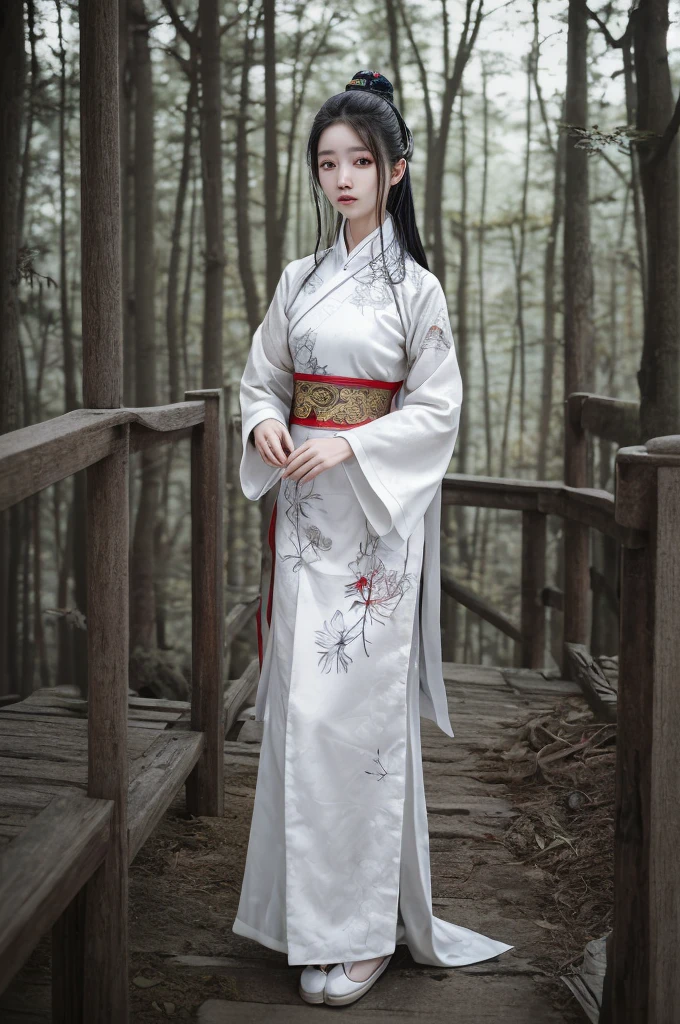 best quality, 8k, highly detailed face and skin texture, high resolution, asian girl in white chinese clothing at forest, full body, sharp focus