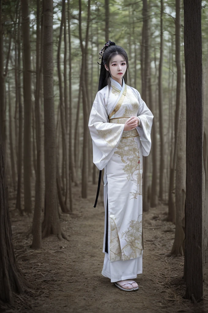 best quality, 8k, highly detailed face and skin texture, high resolution, asian girl in white chinese clothing at forest, full body, sharp focus