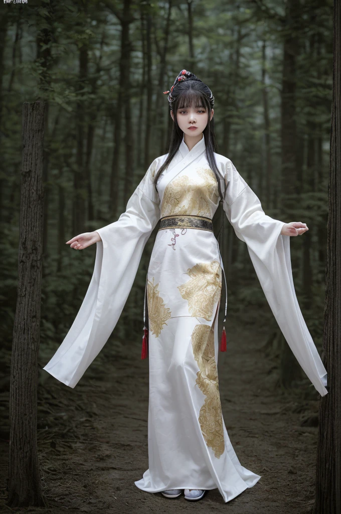 best quality, 8k, highly detailed face and skin texture, high resolution, asian girl in white chinese clothing at forest, full body, sharp focus