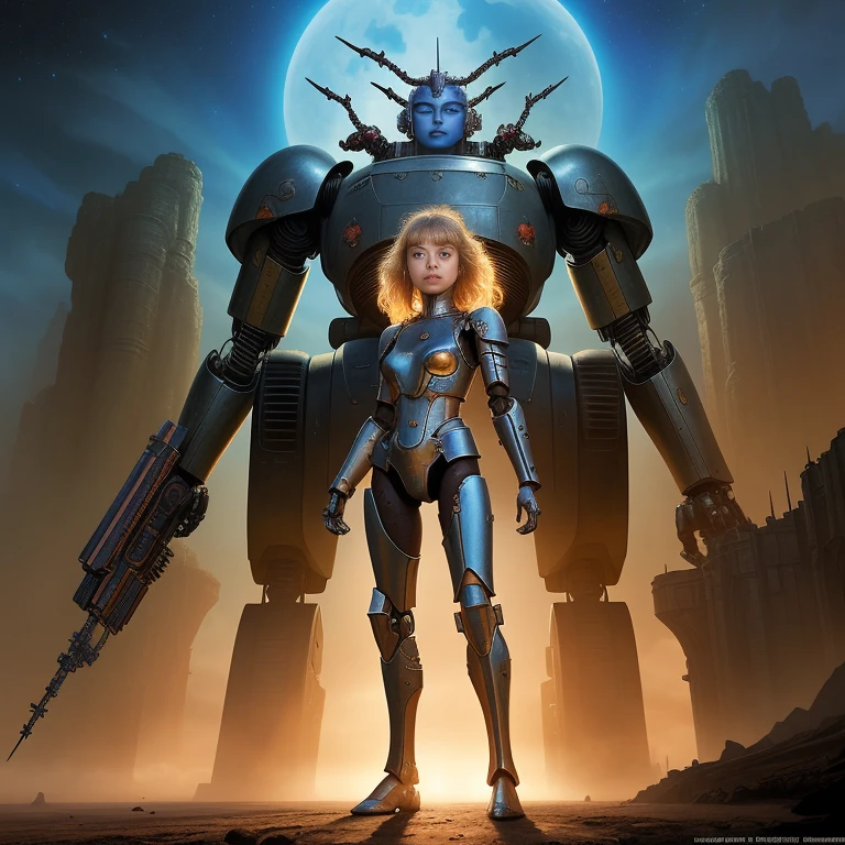 there is a woman standing in front of a giant robot, inspired by ken kelly, epic album cover, imogen poots as a paladin, ralph horsley vivid color, mighty princess of the wasteland, skynet, intricate biopunk patterns, queen of warrior, krull