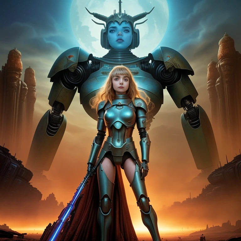 there is a woman standing in front of a giant robot, inspired by ken kelly, epic album cover, imogen poots as a paladin, ralph horsley vivid color, mighty princess of the wasteland, skynet, intricate biopunk patterns, queen of warrior, krull