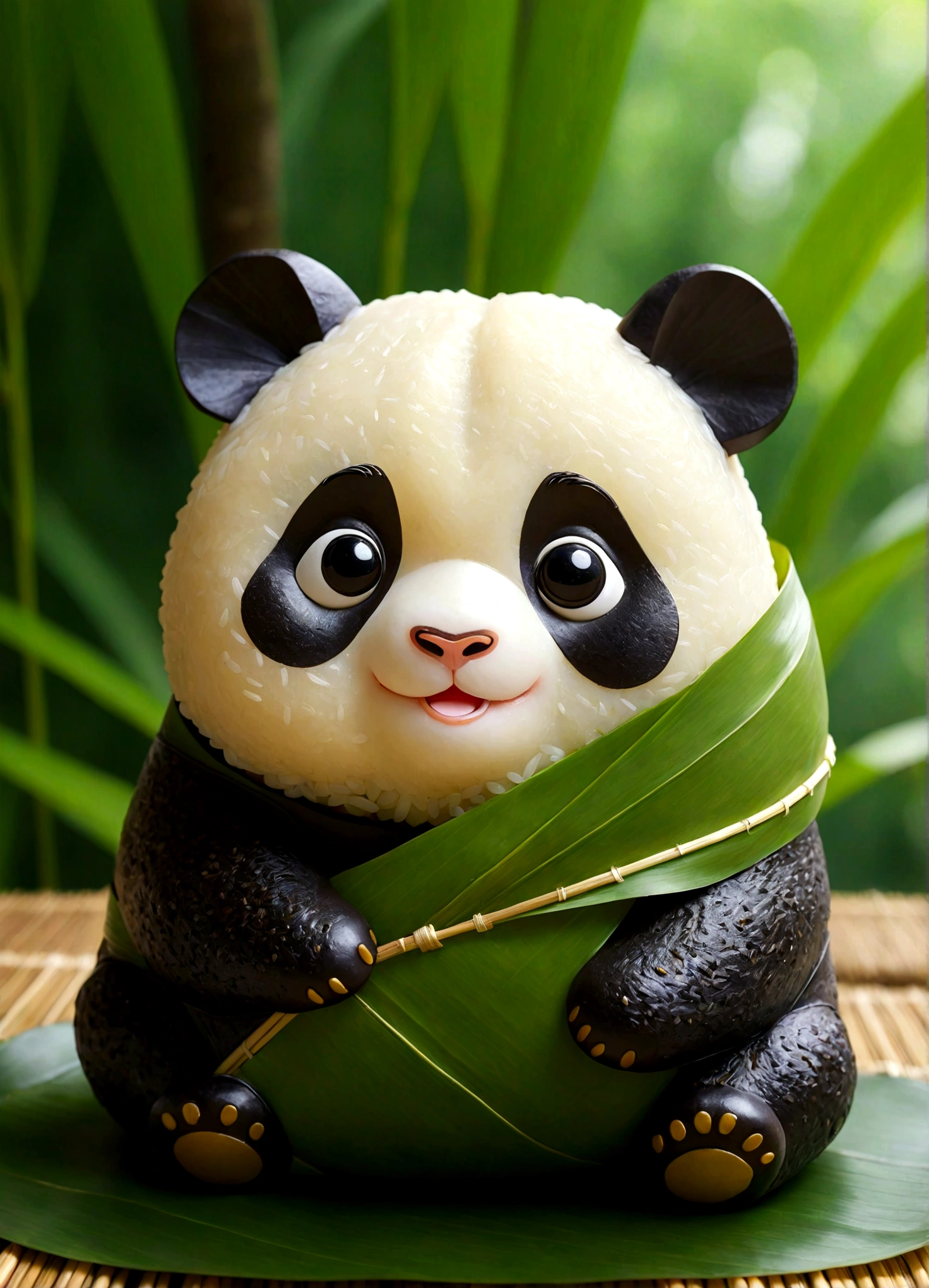 Panda-shaped Zongzi, Glutinous rice texture, Particles are distinct, rice dumpling, cute expression, playful charm, traditional glutinous rice leaves, big round eyes, golden hue, green rice leaves, cartoonish design, exaggerated features, traditional craftsmanship, playful design, pandas, Chinese culture, adorable, charming, vibrant, delightful